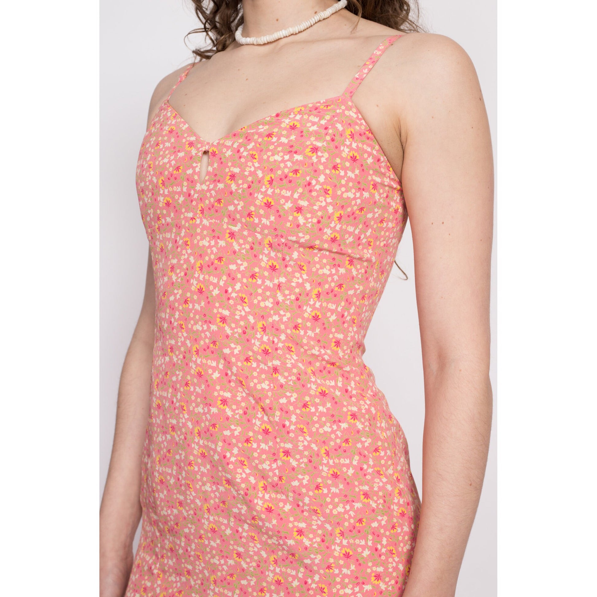 90s Peach Pink Calico Floral Romper - Extra Small | Vintage Express Spaghetti Strap Mini Dress Playsuit