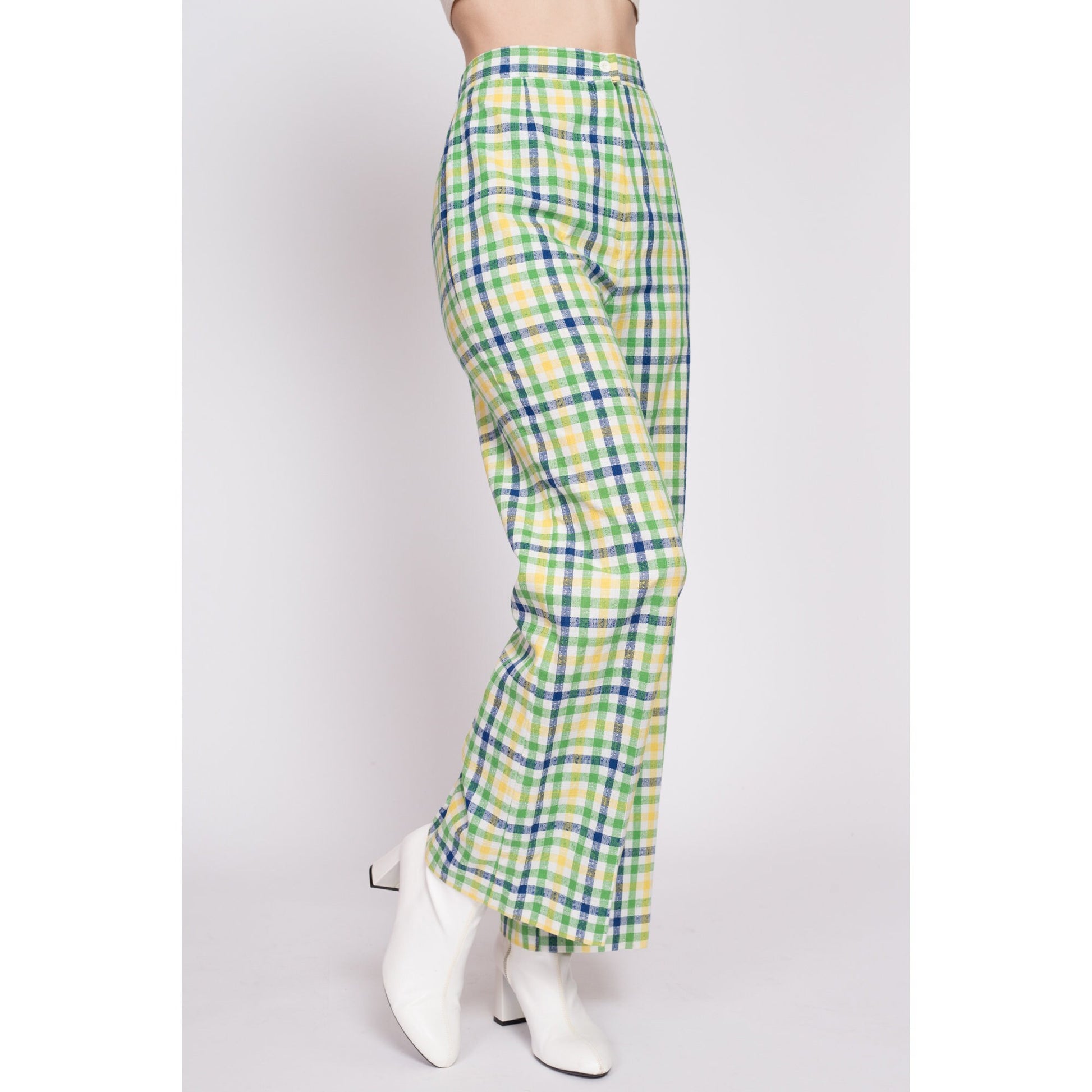 70s Green & Yellow Plaid High Waisted Pants - Small to Medium, 27" | Vintage Flared Leg Retro Trousers