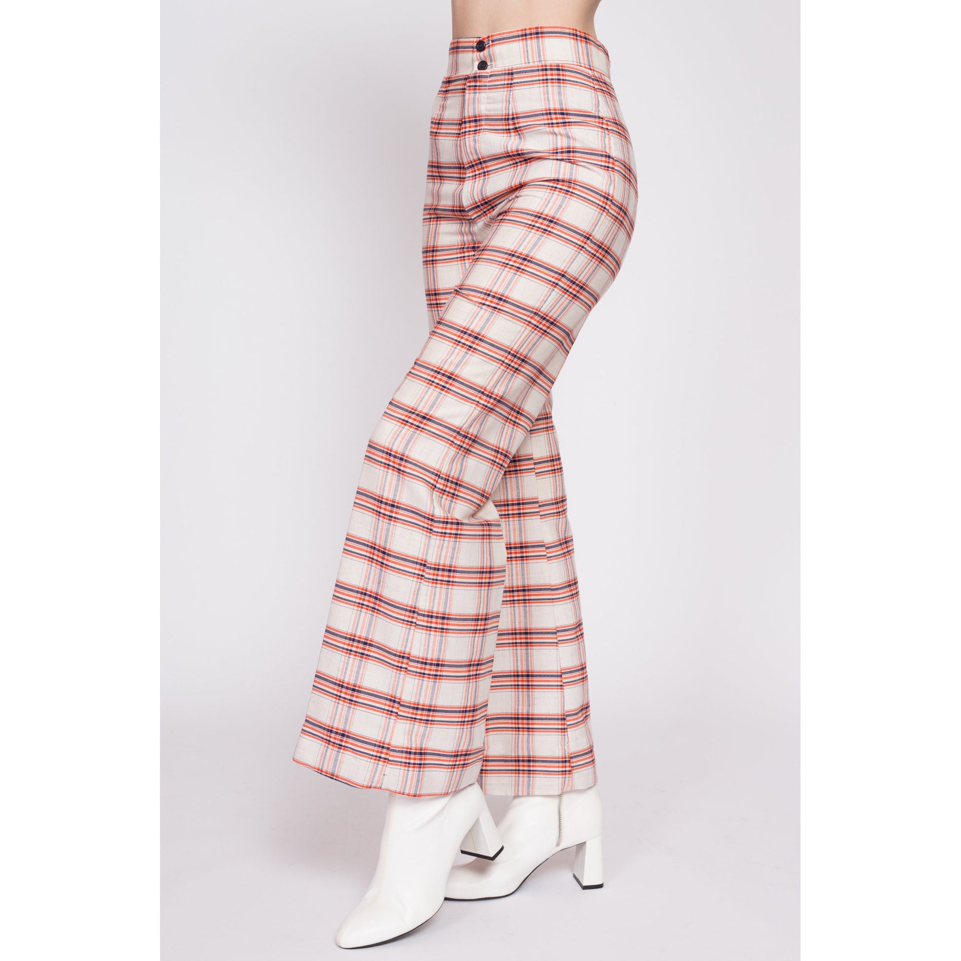 70s Orange & White Plaid High Waisted Pants - Small, 26.5" | Vintage Flared Retro Trousers