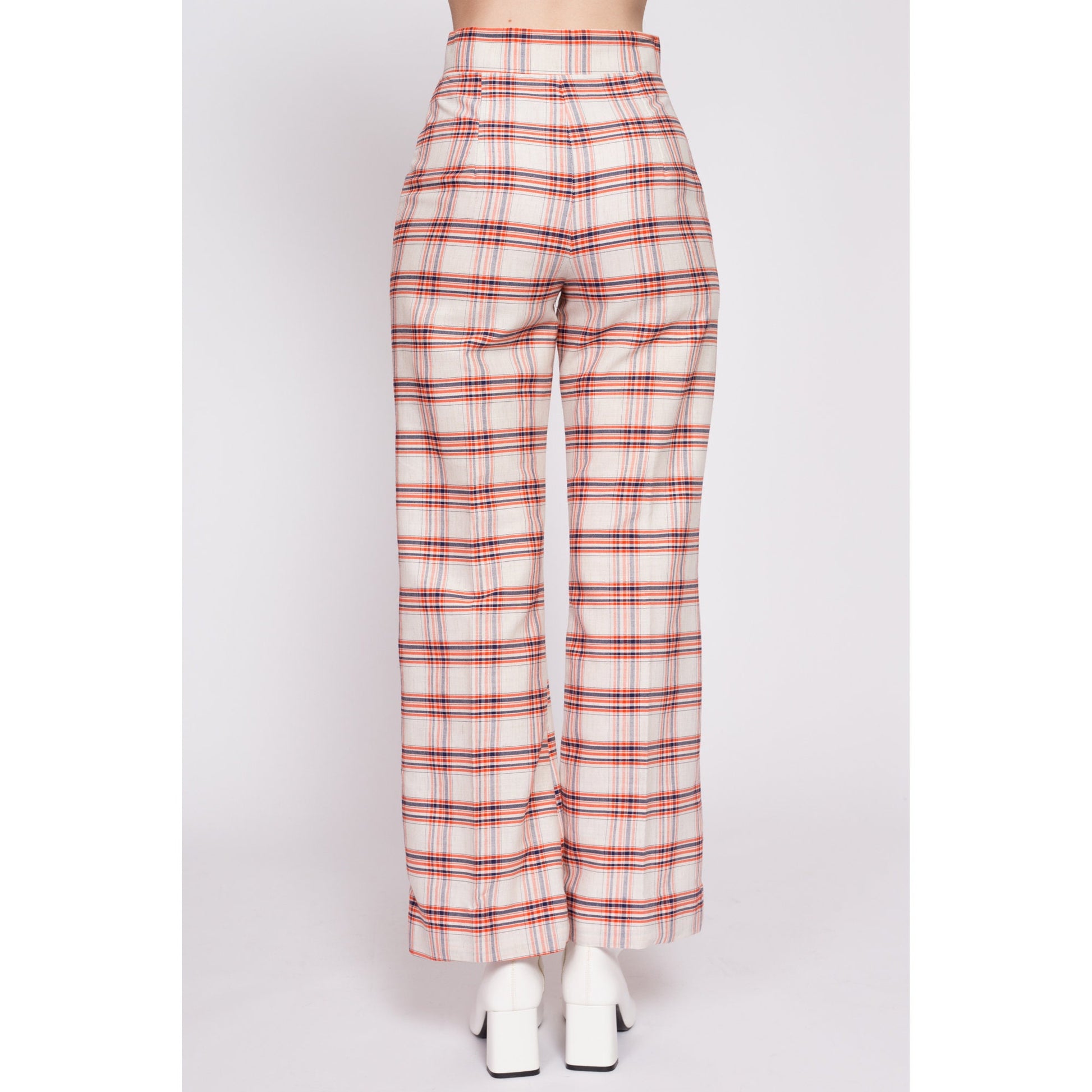 70s Orange & White Plaid High Waisted Pants - Small, 26.5" | Vintage Flared Retro Trousers