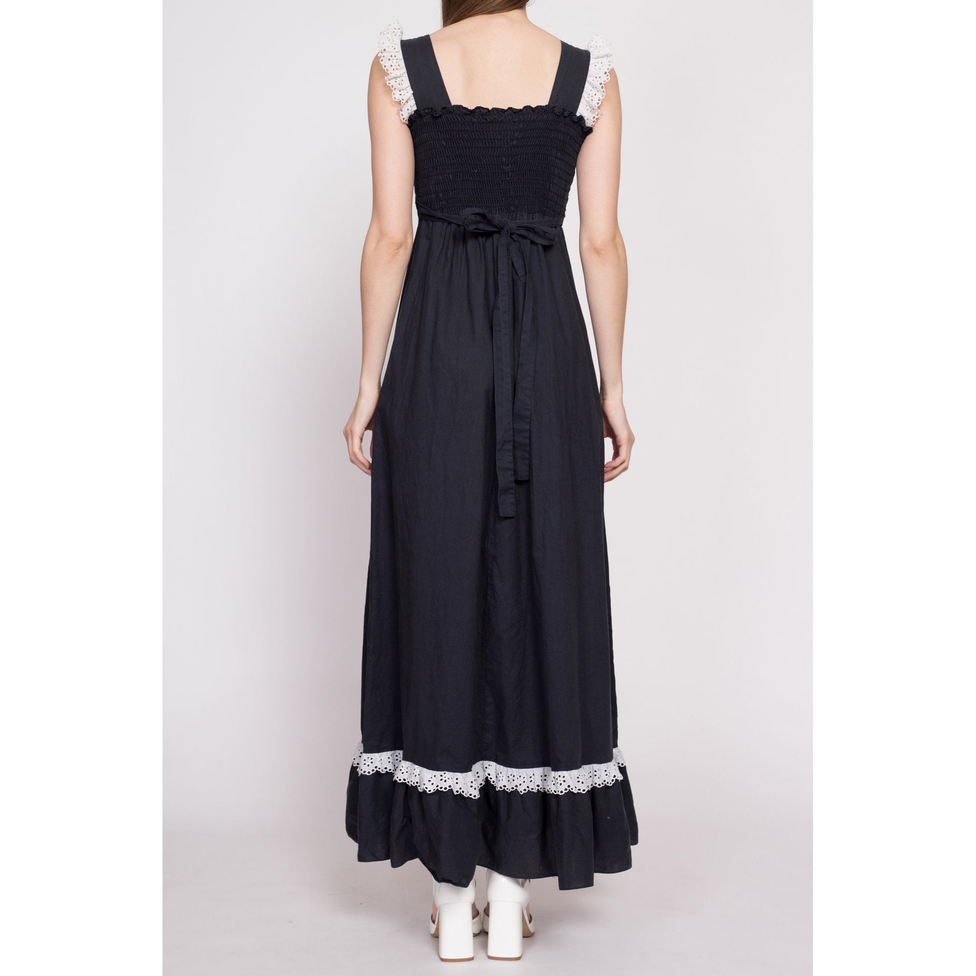 70s Boho Black & White Smocked Maxi Dress - Extra Small | Vintage Lace Trim A Line Long Sundress