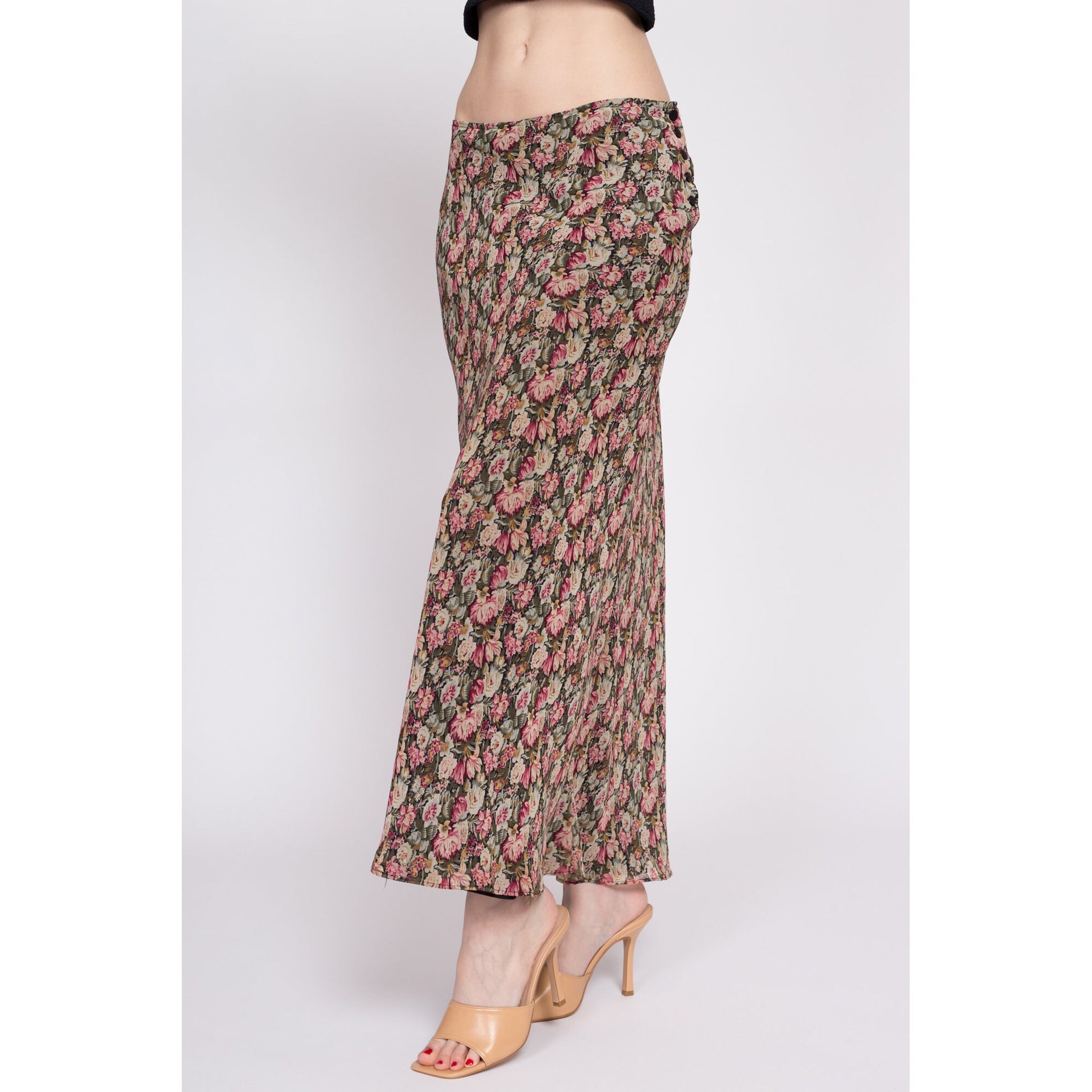 90s Floral Grunge Mid Rise Maxi Skirt - Medium | Vintage Express Side Button Lettuce Hem Flowy Slip Skirt