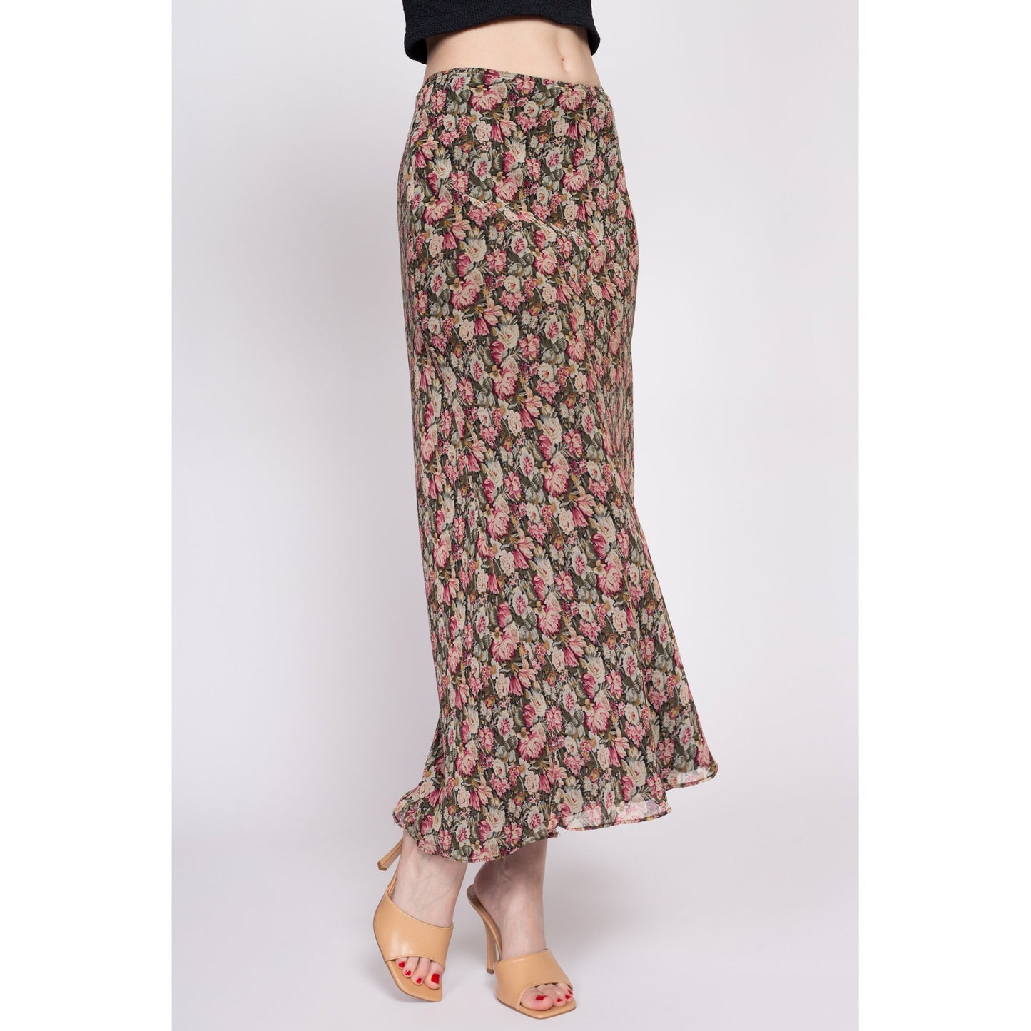 90s Floral Grunge Mid Rise Maxi Skirt - Medium | Vintage Express Side Button Lettuce Hem Flowy Slip Skirt