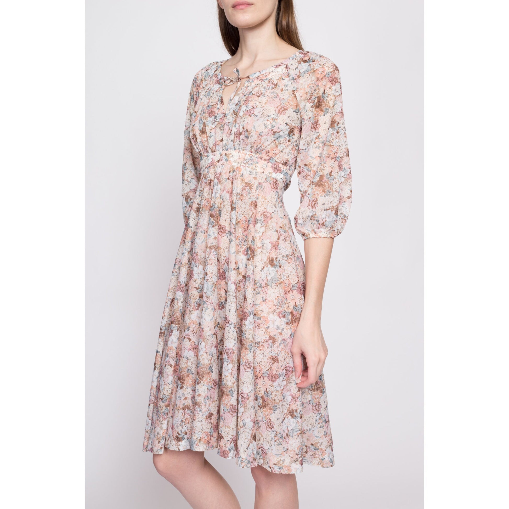70s Sheer Floral Babydoll Dress - Extra Small | Vintage 3/4 Sleeve Empire Waist Tie Back Knee Length Dress