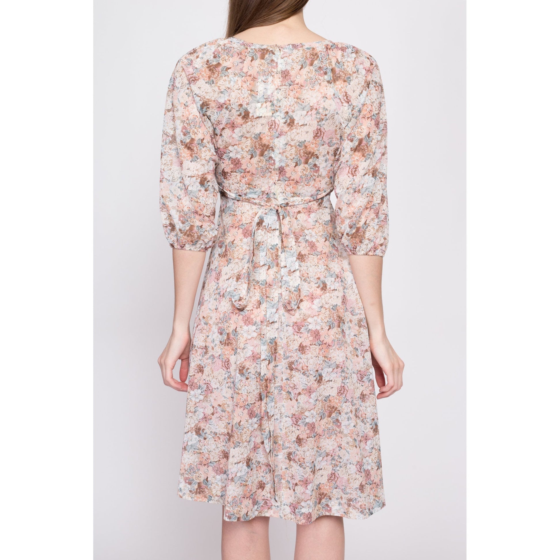 70s Sheer Floral Babydoll Dress - Extra Small | Vintage 3/4 Sleeve Empire Waist Tie Back Knee Length Dress