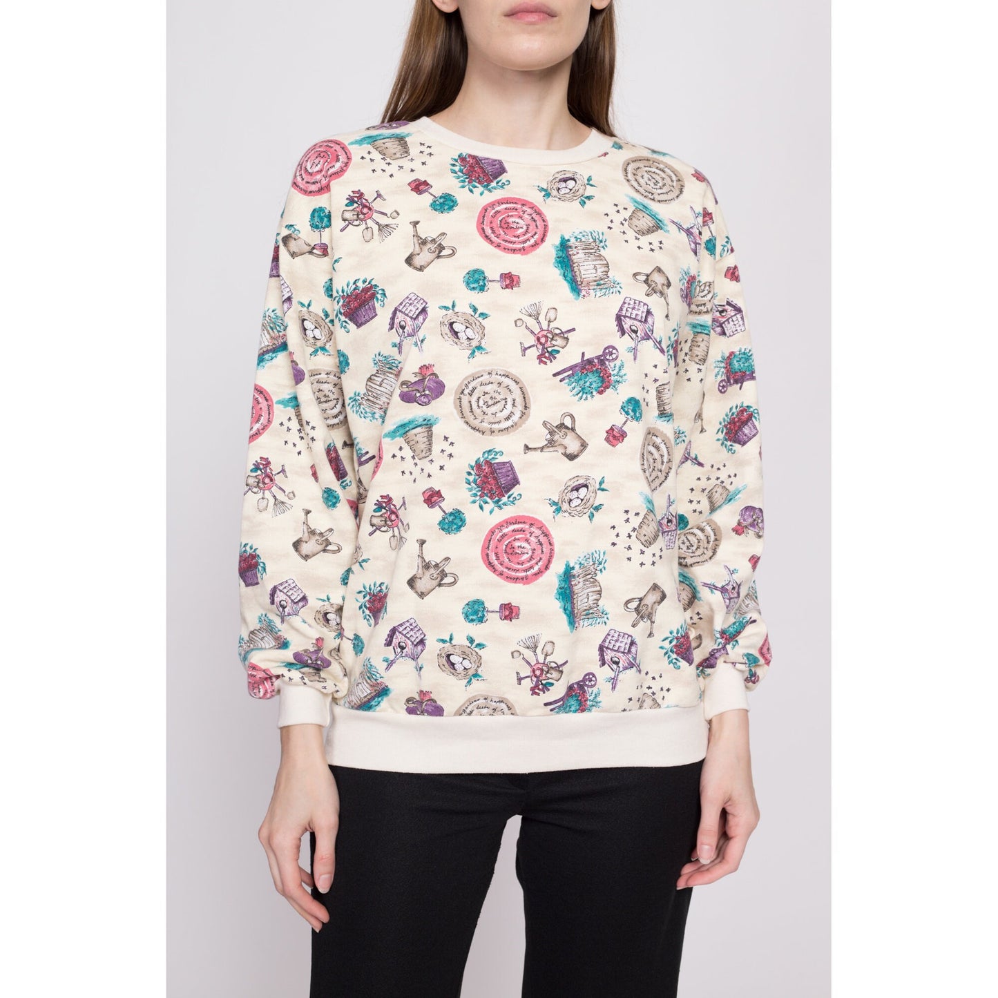 80s 90s Garden All Over Print Sweatshirt - Small | Vintage Crewneck Long Sleeve Floral Graphic Pullover