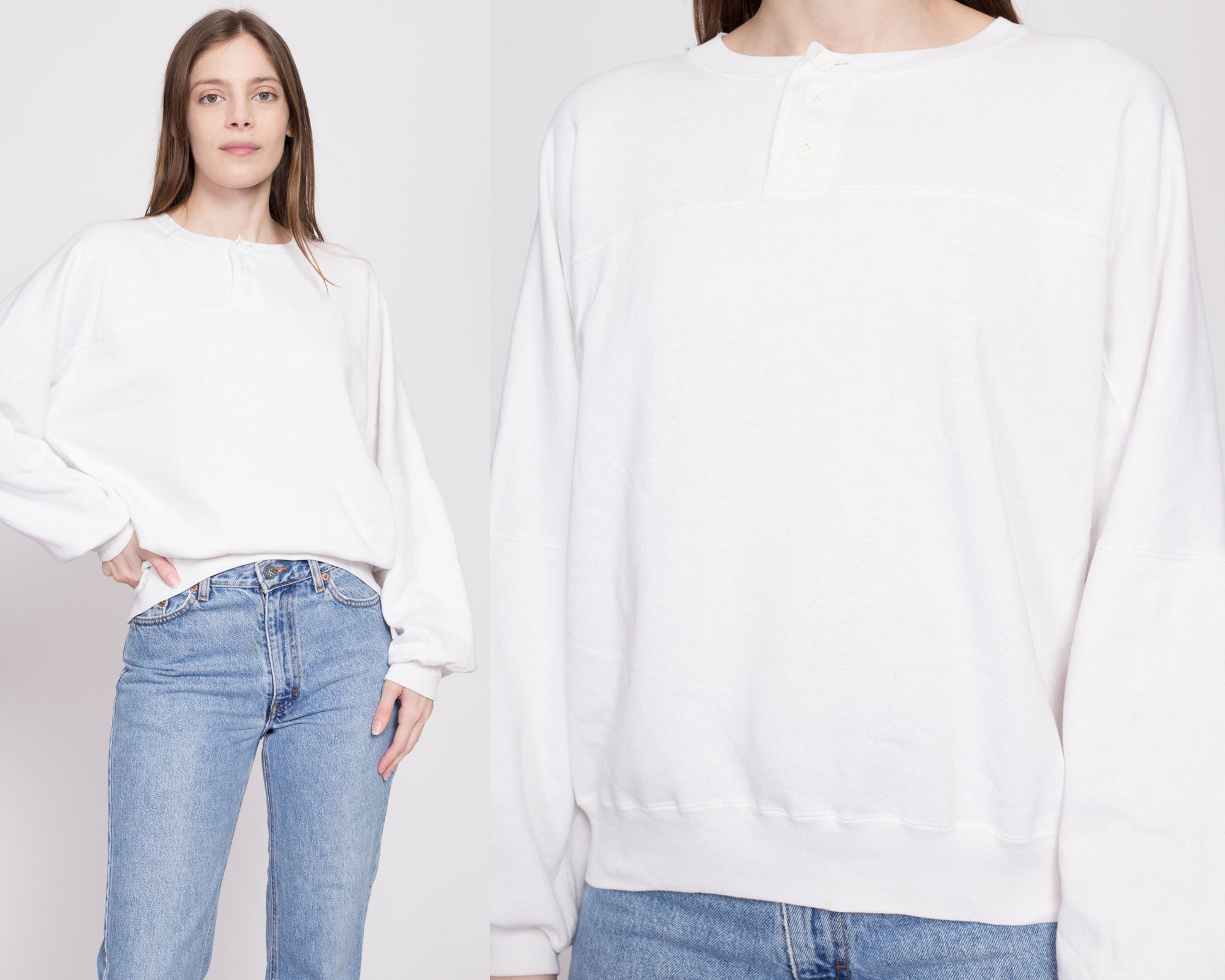 80s White Henley Sweatshirt - Extra Large | Vintage Plain Quarter Button Pullover