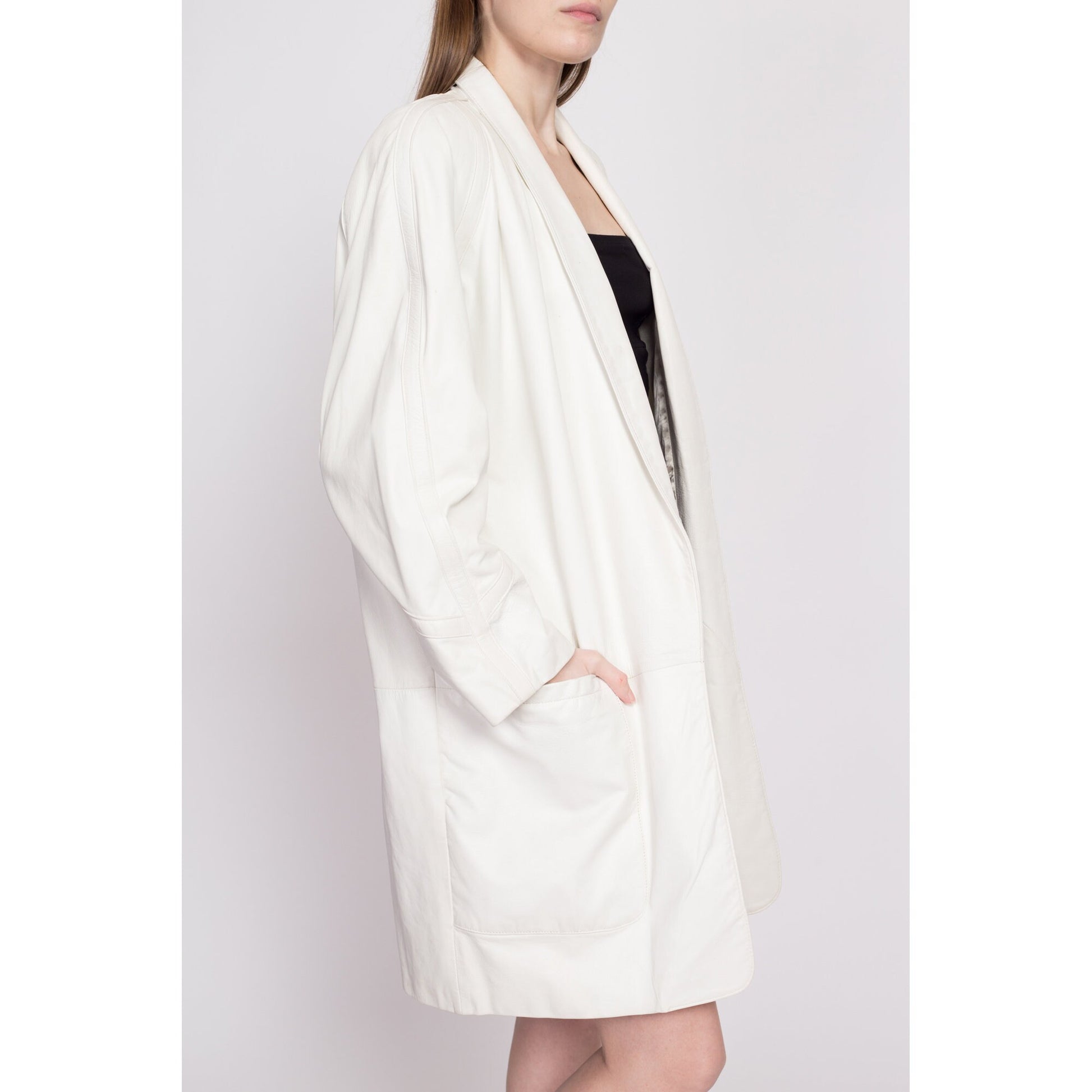 80s White Leather Oversize Jacket - Medium | Vintage Tibor Long Open Fit Tunic Coat