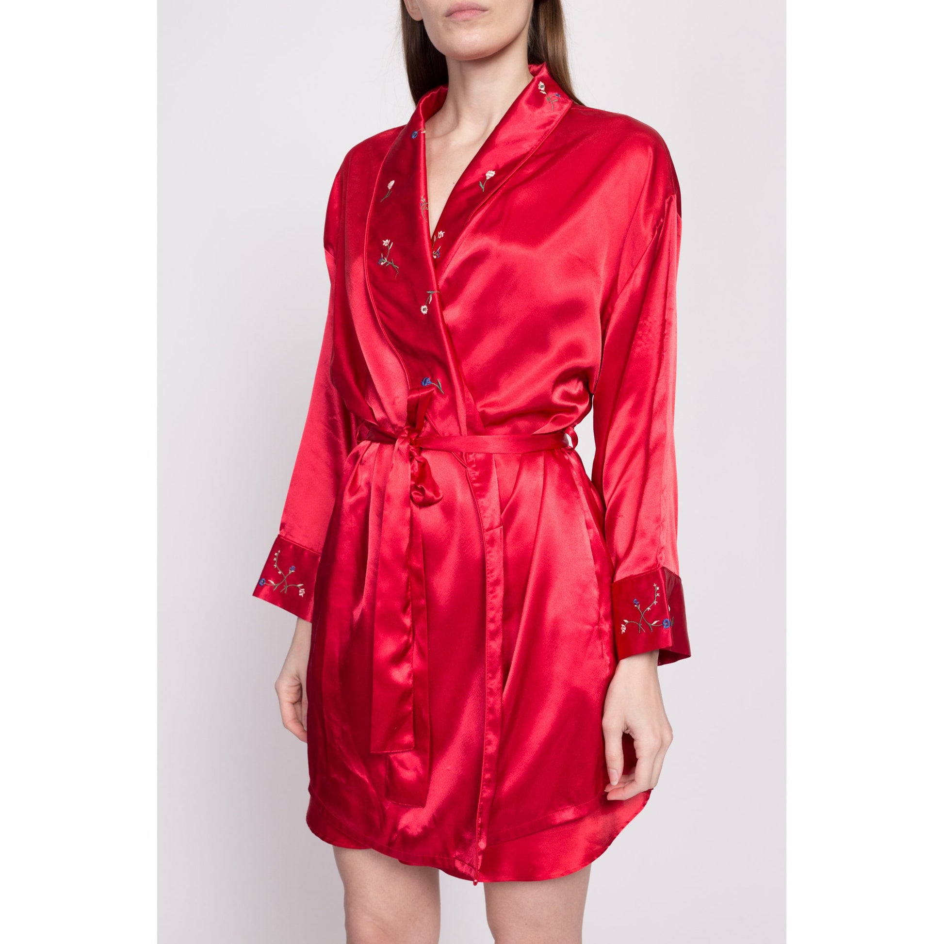 90s Red Satin Floral Embroidered Peignoir Set - Medium | Vintage Mini Nightgown Kimono Loungewear Matching Two Piece Outfit