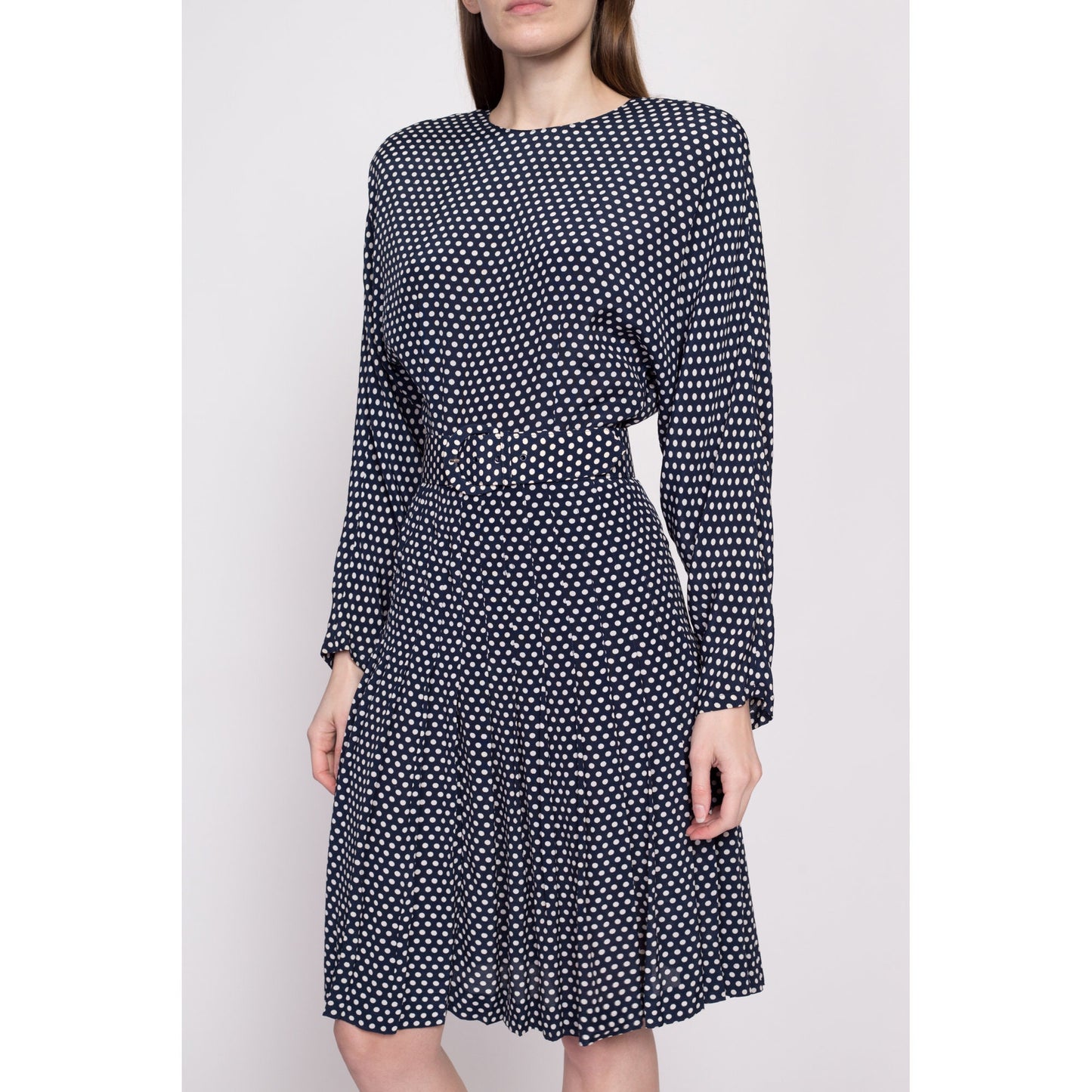 80s Polka Dot Belted Dolman Sleeve Dress - Small | Vintage Ann Tjian Kenar Navy Blue Pleated Secretary Midi Dress