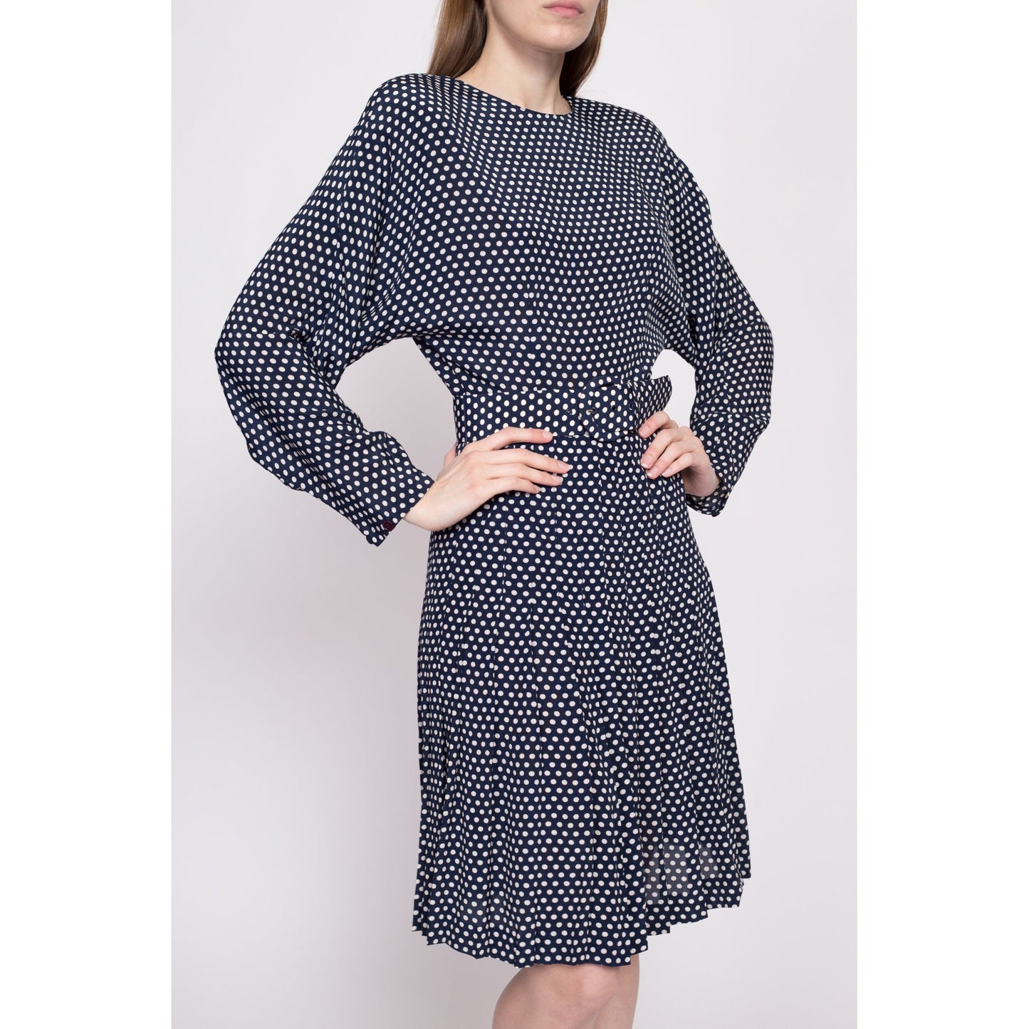 80s Polka Dot Belted Dolman Sleeve Dress - Small | Vintage Ann Tjian Kenar Navy Blue Pleated Secretary Midi Dress