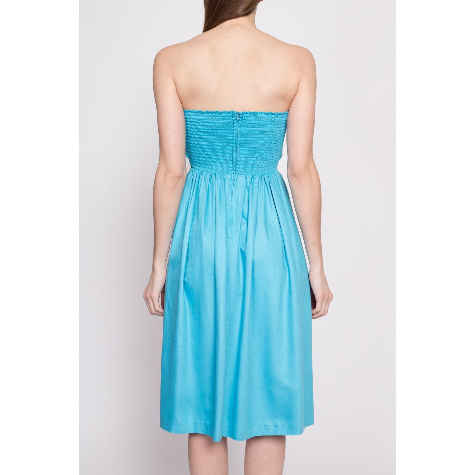 80s Blue Strapless Fit & Flare Dress - Extra Small | Retro Vintage Retro Midi Sundress