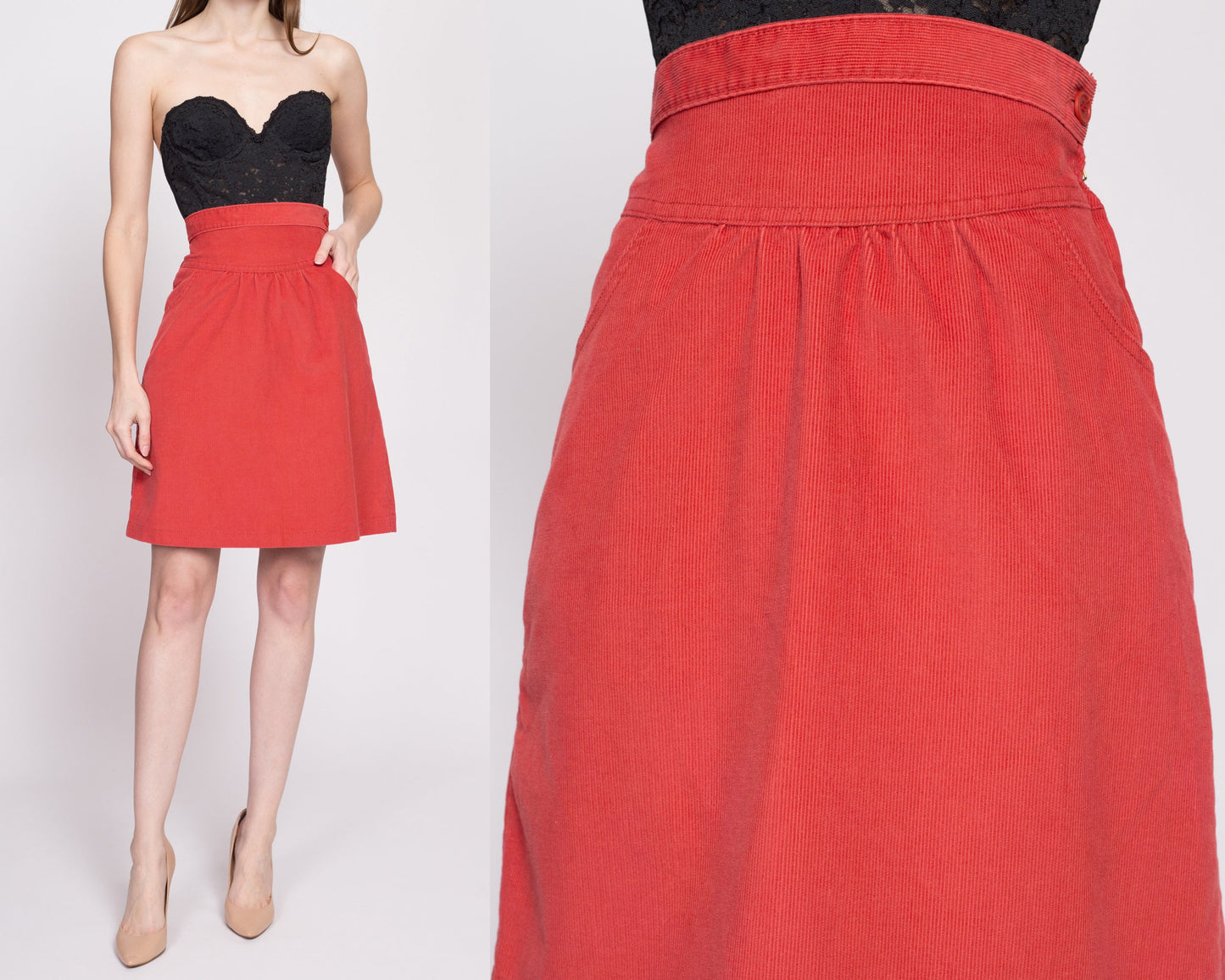 70s Coral Red Corduroy Mini Skirt - Small, 26.5" | Vintage Plain Schoolgirl A Line Side Zip Skirt