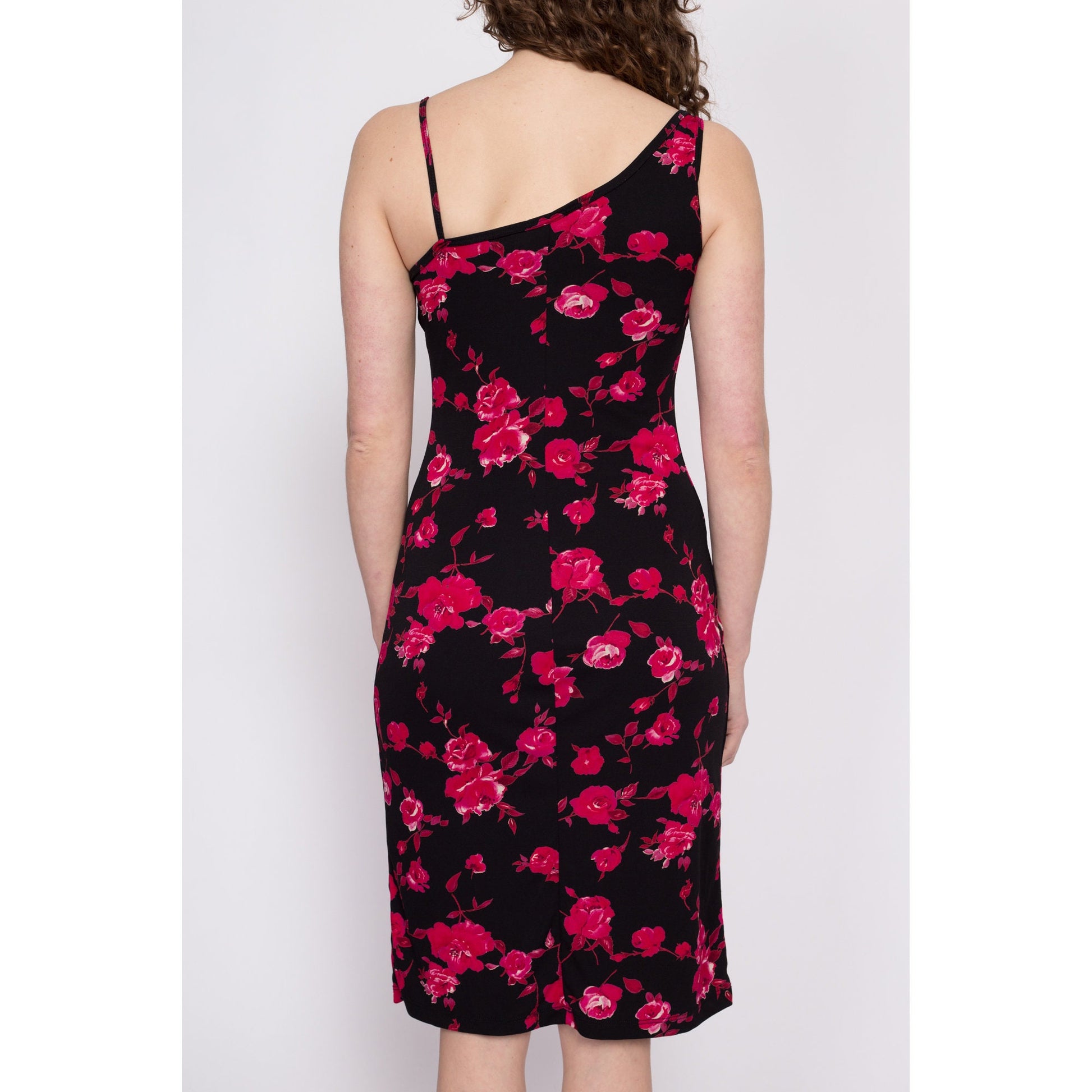 90s Black Rose Floral Cowl Neck Dress - Small to Medium | Vintage Slinky Sleeveless Midi Party Dress