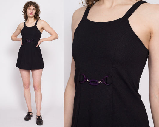 90s Y2K Black Buckle Front Micro Mini Dress - Petite XS | Vintage Beach Goth Sleeveless Tank Dress
