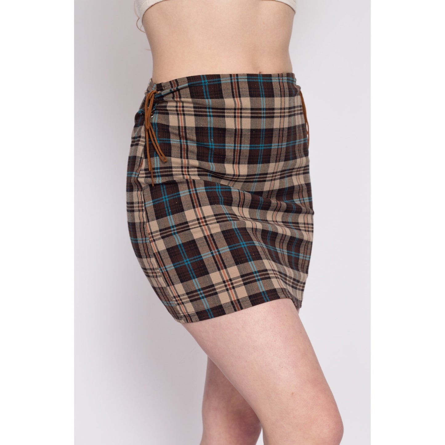 Y2K Plaid Lace-Up Mini Pencil Skirt - Medium | Vintage High Waisted Fitted Schoolgirl Miniskirt