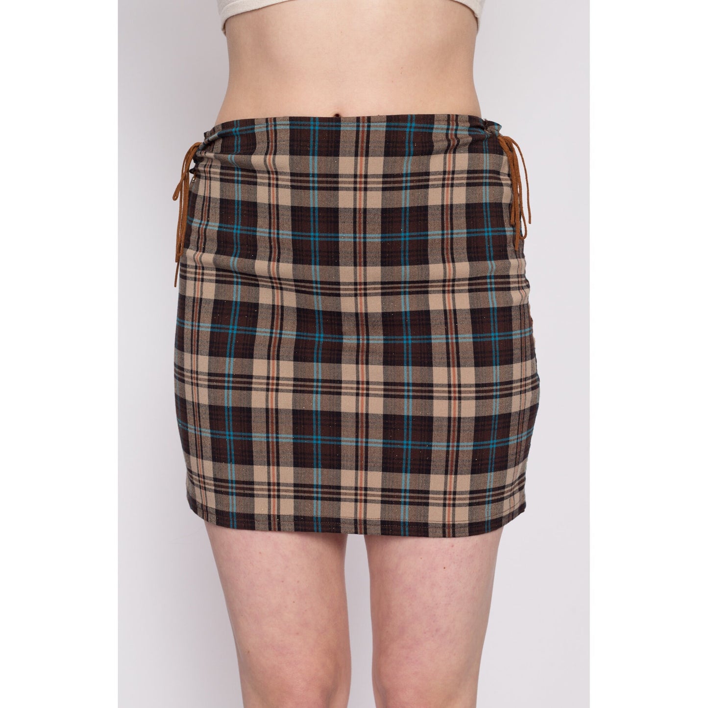 Y2K Plaid Lace-Up Mini Pencil Skirt - Medium | Vintage High Waisted Fitted Schoolgirl Miniskirt