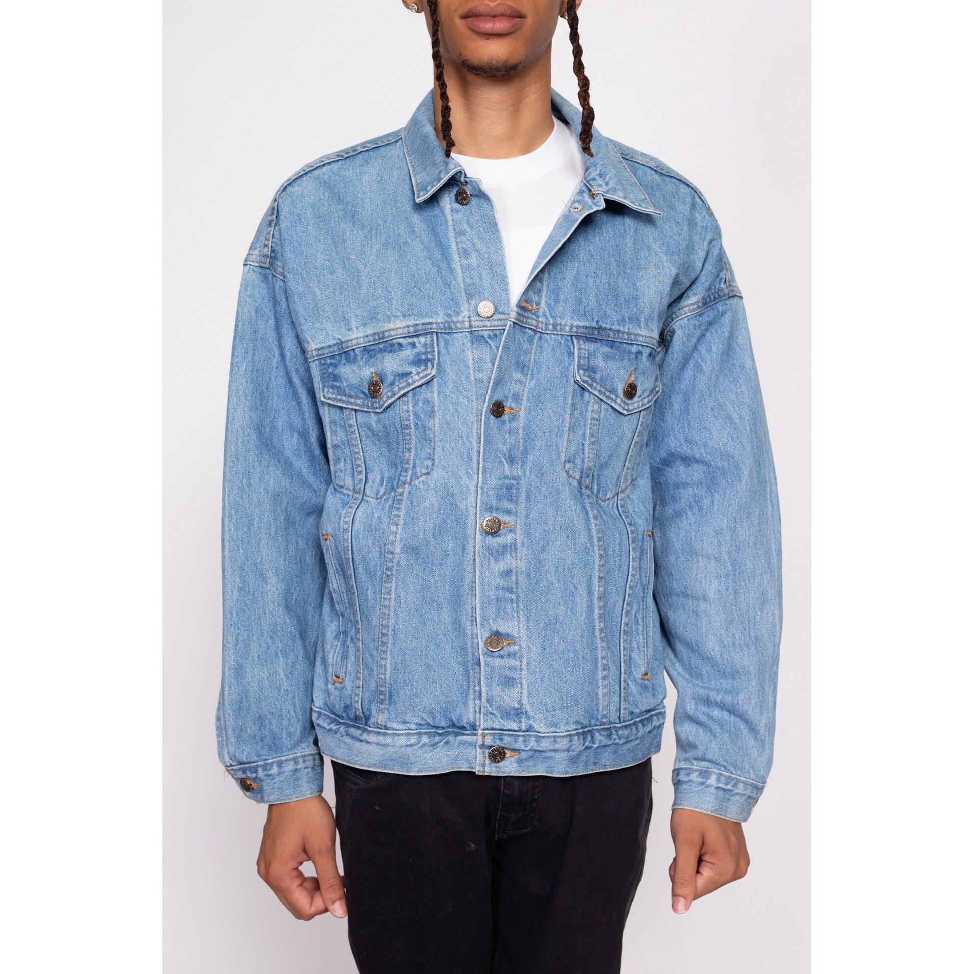 90s Denim 3D Eagle Embossed Biker Jacket - Men's Large | Vintage Light Wash Oversize Motorcycle Jean Jacket
