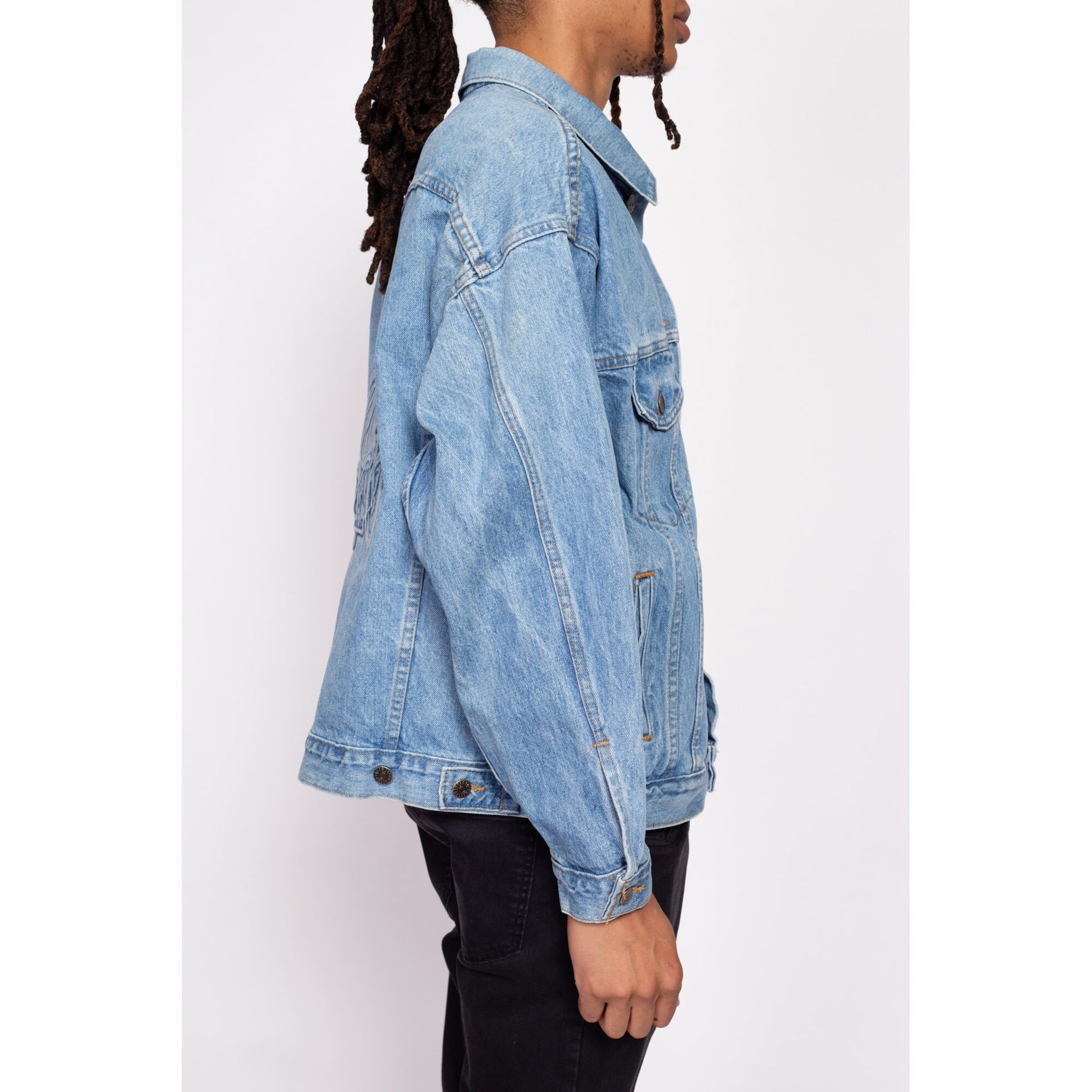 90s Denim 3D Eagle Embossed Biker Jacket - Men's Large | Vintage Light Wash Oversize Motorcycle Jean Jacket