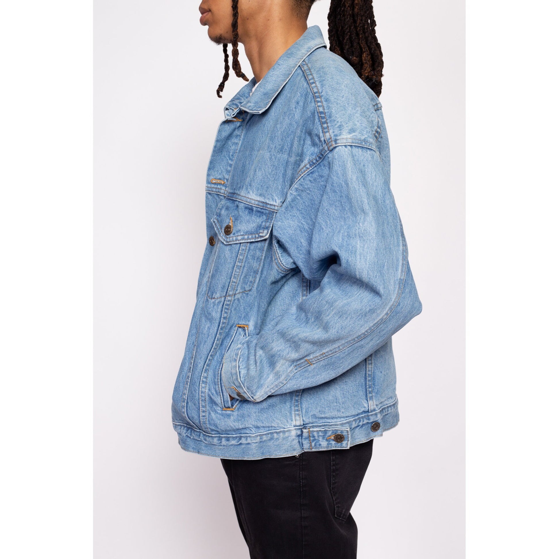 90s Denim 3D Eagle Embossed Biker Jacket - Men's Large | Vintage Light Wash Oversize Motorcycle Jean Jacket