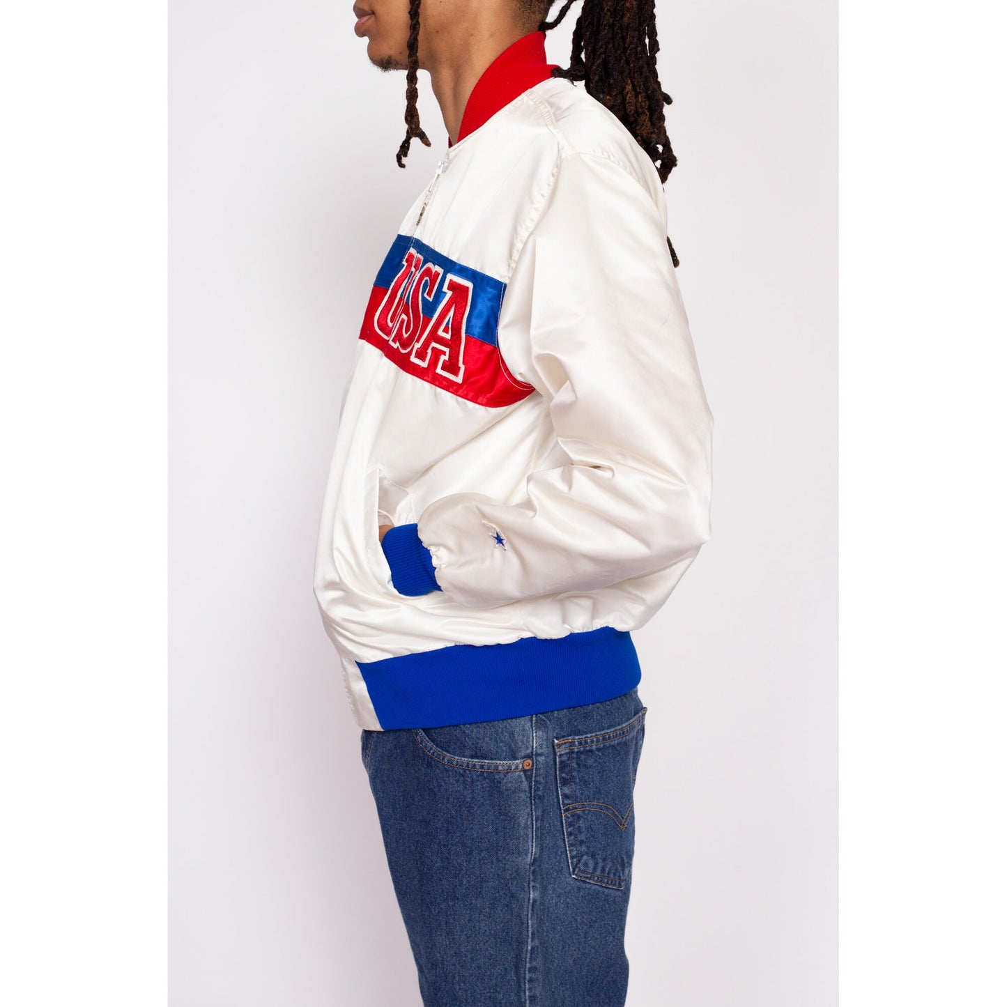 80s USA Satin Starter Jacket - Men's Medium, Women's Large | Vintage Red White Blue Color Block Windbreaker Bomber