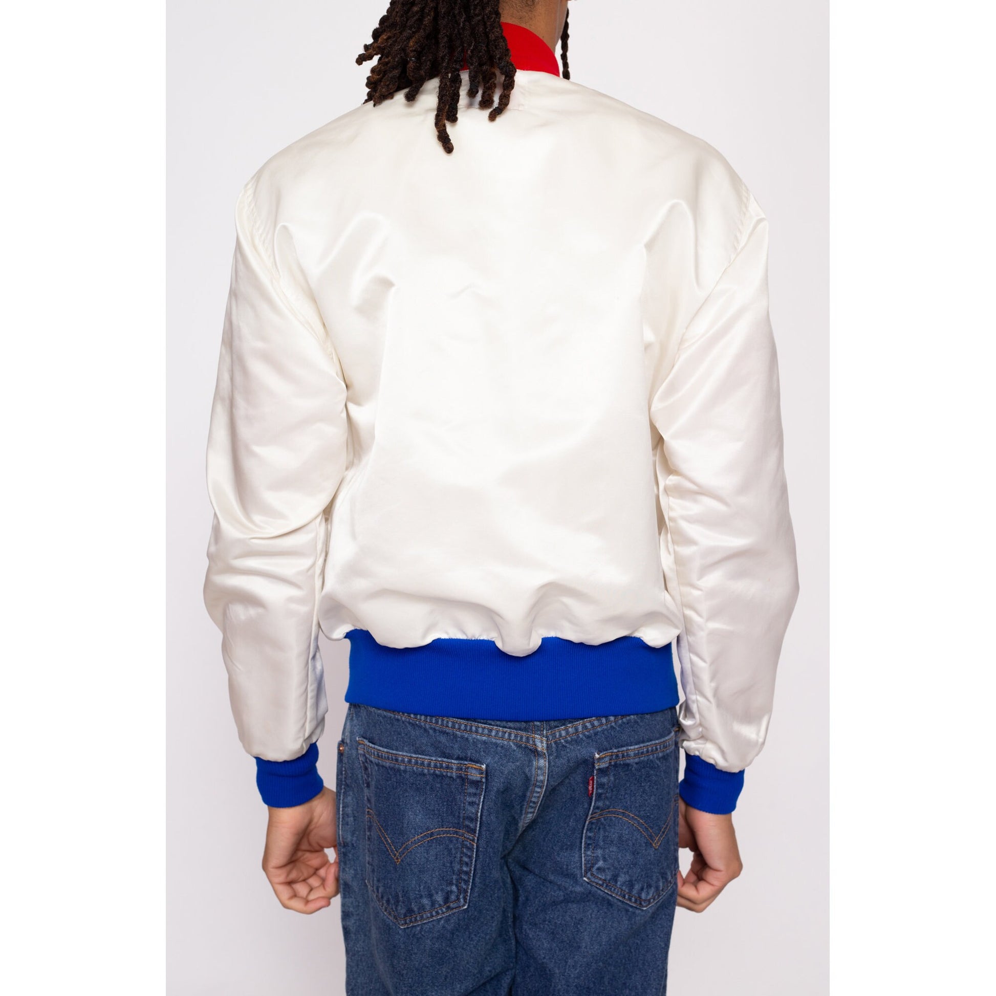 80s USA Satin Starter Jacket - Men's Medium, Women's Large | Vintage Red White Blue Color Block Windbreaker Bomber