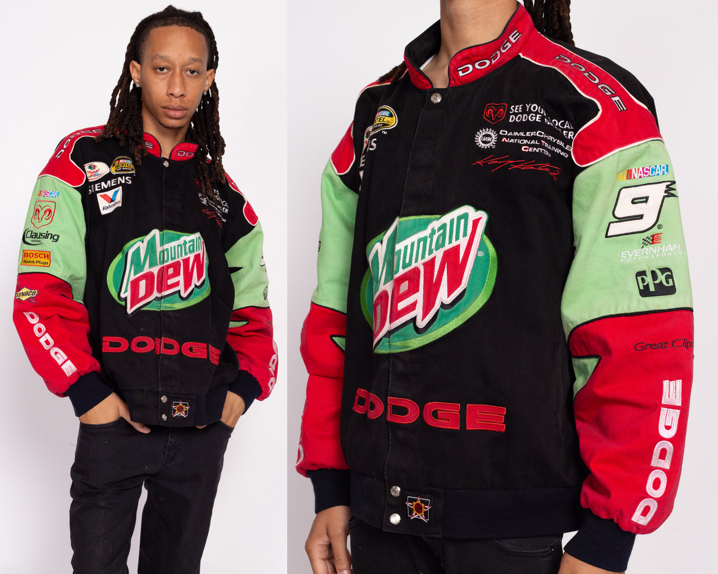 90s NASCAR Mountain Dew Racing Jacket - Men's 2X-3X | Vintage Color Block Dodge Logo Sponsor Jacket