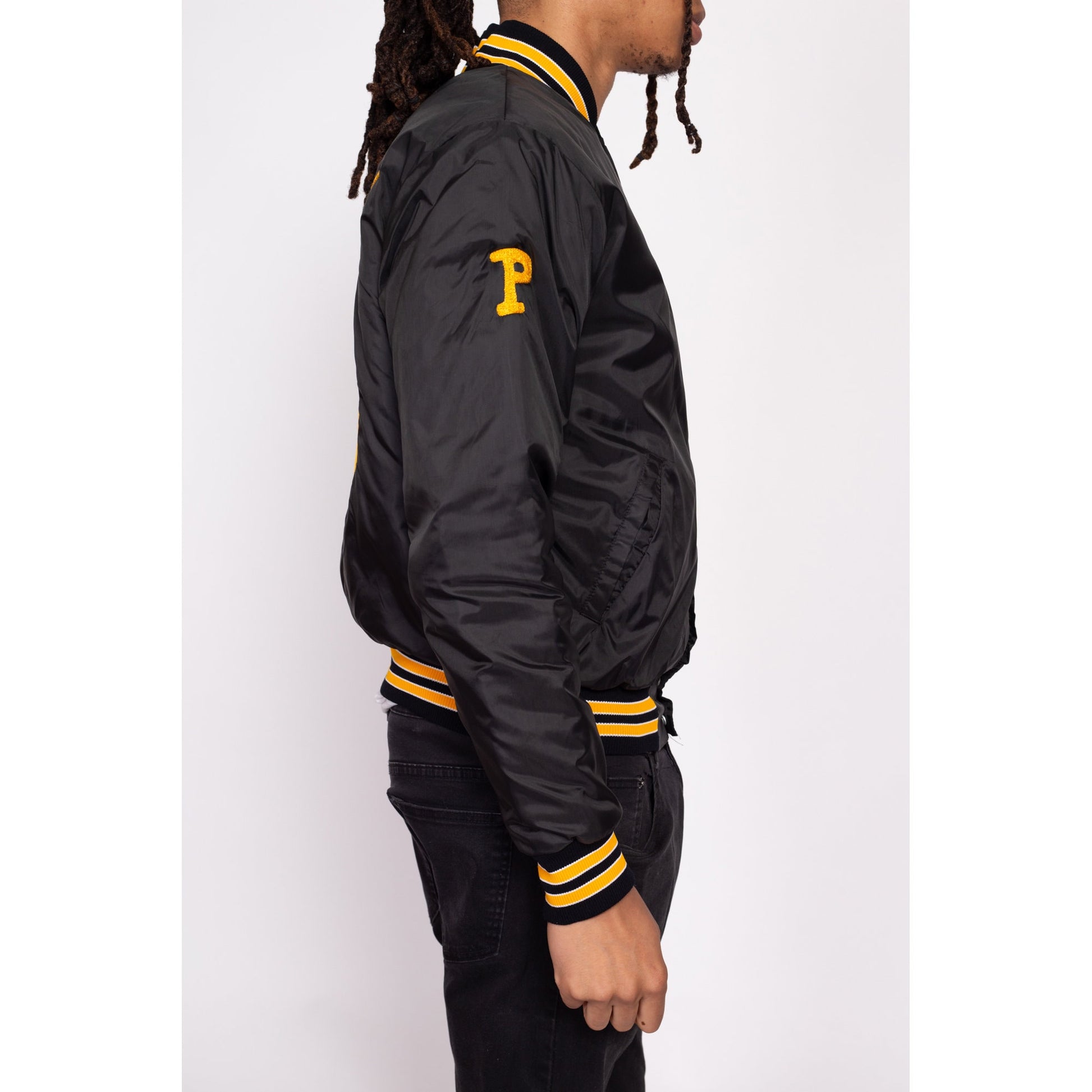 80s Baseball League Chainstitch Varsity Jacket - Men's Small | Vintage Striped Trim Embroidered Snap Button Team Bomber
