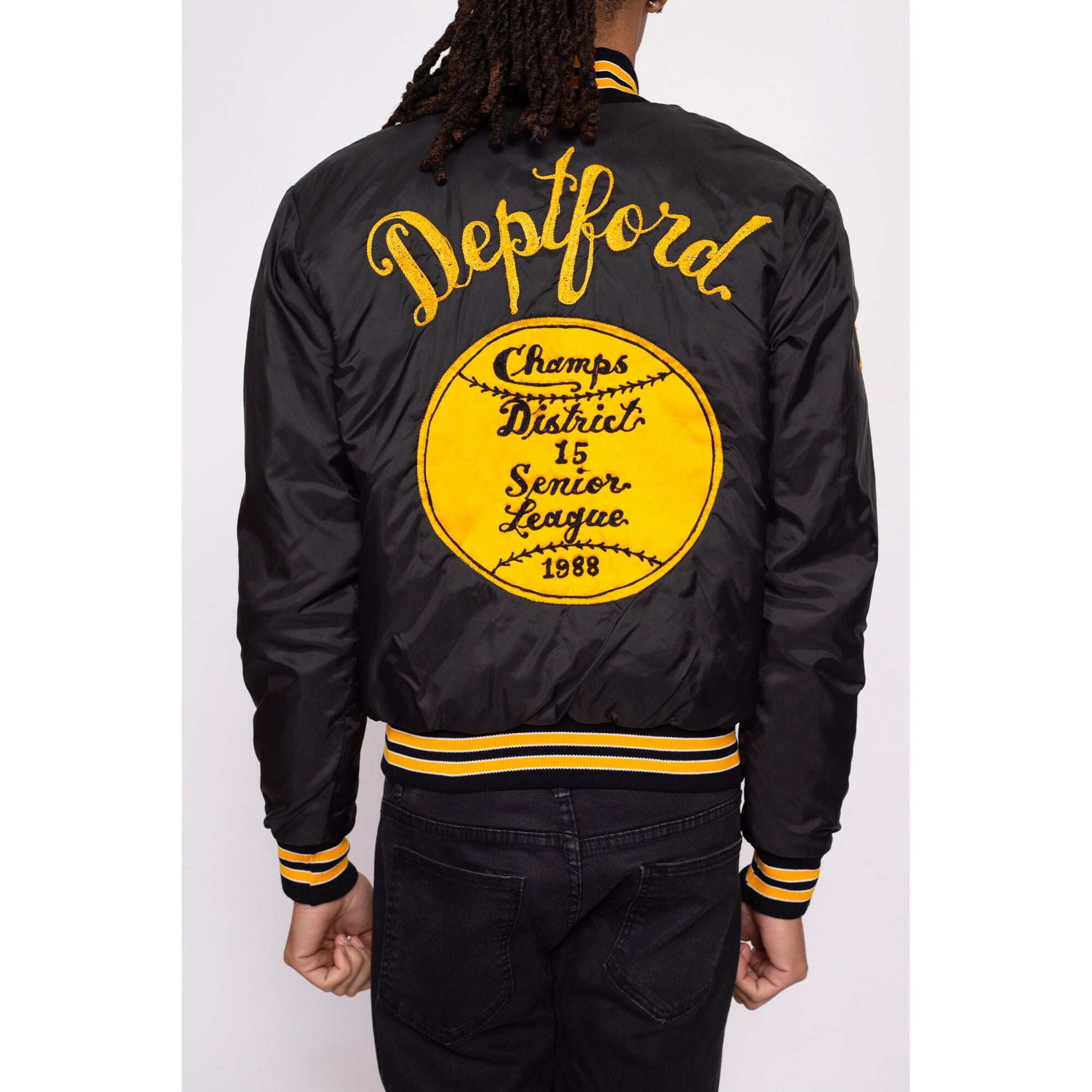 80s Baseball League Chainstitch Varsity Jacket - Men's Small | Vintage Striped Trim Embroidered Snap Button Team Bomber