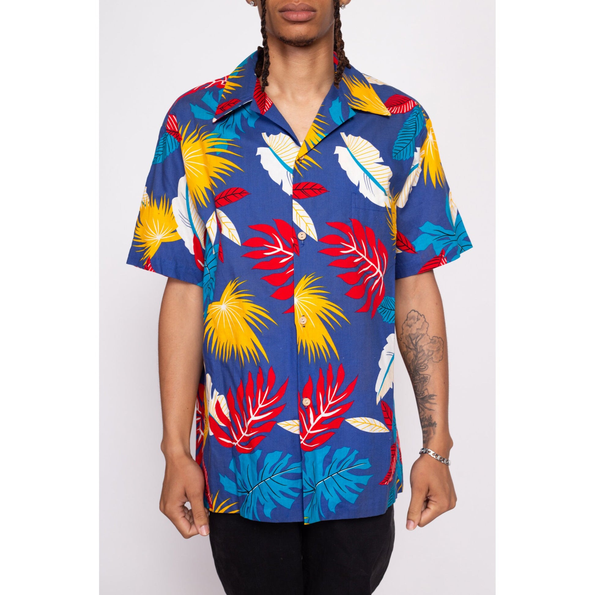 70s Rai Nani Hawaiian Aloha Shirt - Men's XL | Vintage Wooden Button Blue Tropical Leaf Print Notched Collar Top