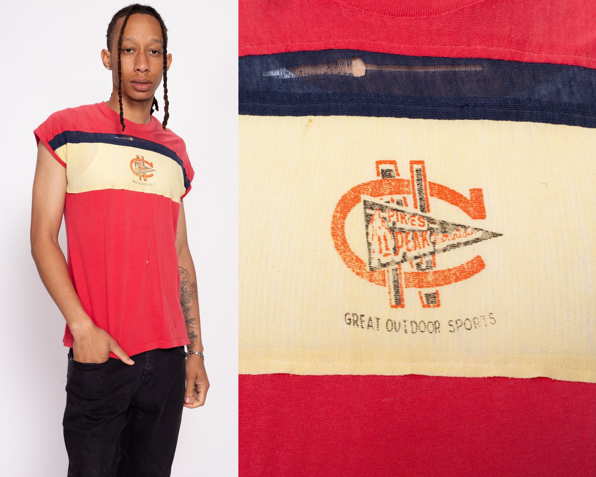 70s Pikes Peak Colorado Distressed Tank - Medium | Vintage Striped Cap Sleeve Souvenir Tourist T Shirt