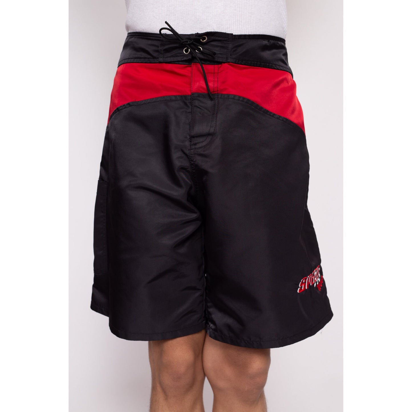 90s Speedo Board Shorts - Size 36 | Vintage Black Red Color Block Long Swim Shorts
