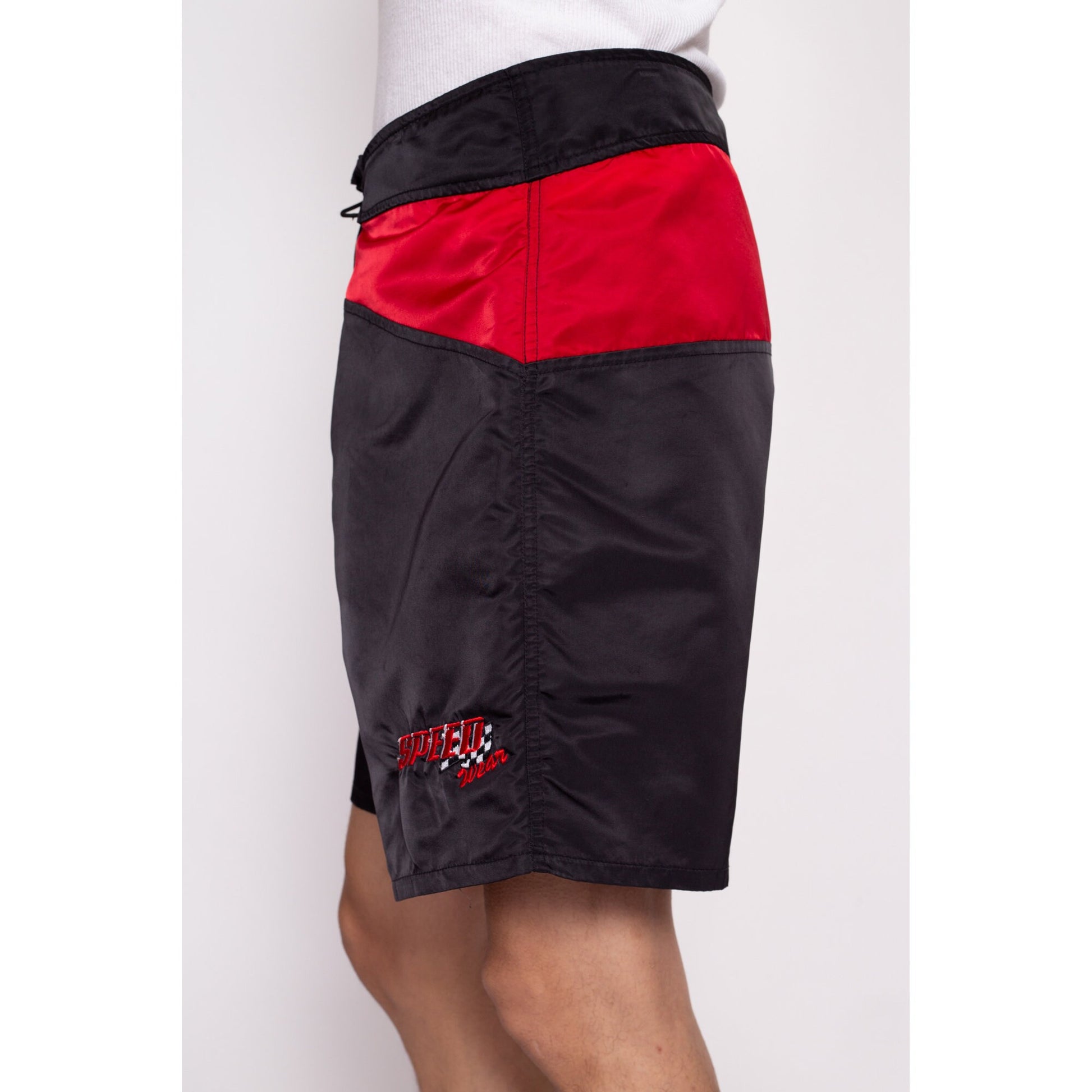 90s Speedo Board Shorts - Size 36 | Vintage Black Red Color Block Long Swim Shorts
