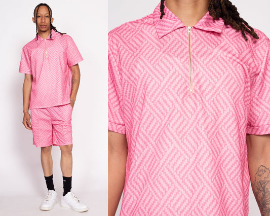 Pink Polo & Shorts Set - Men's Large | Geometric Print Zip Up Shirt Matching Outfit