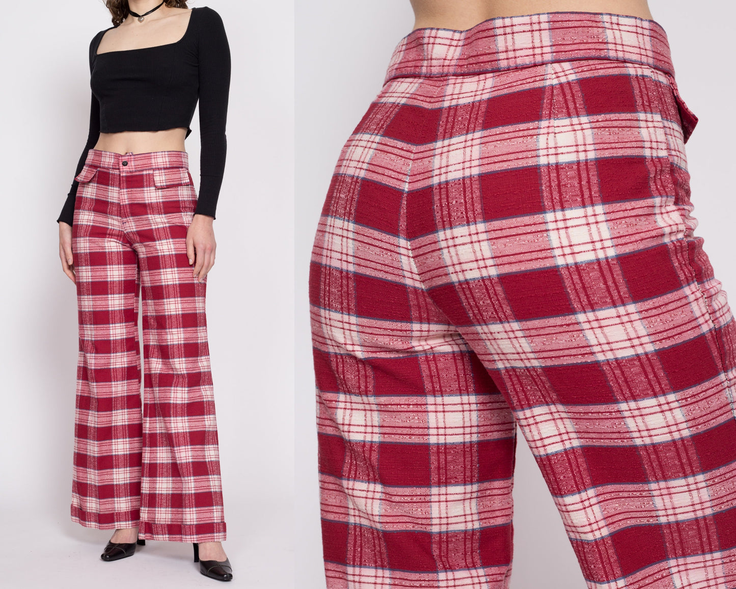 70s Red Plaid High Waisted Pants - Men's Small, Women's Medium, 31" | Retro Vintage Wide Leg Cuffed Trousers