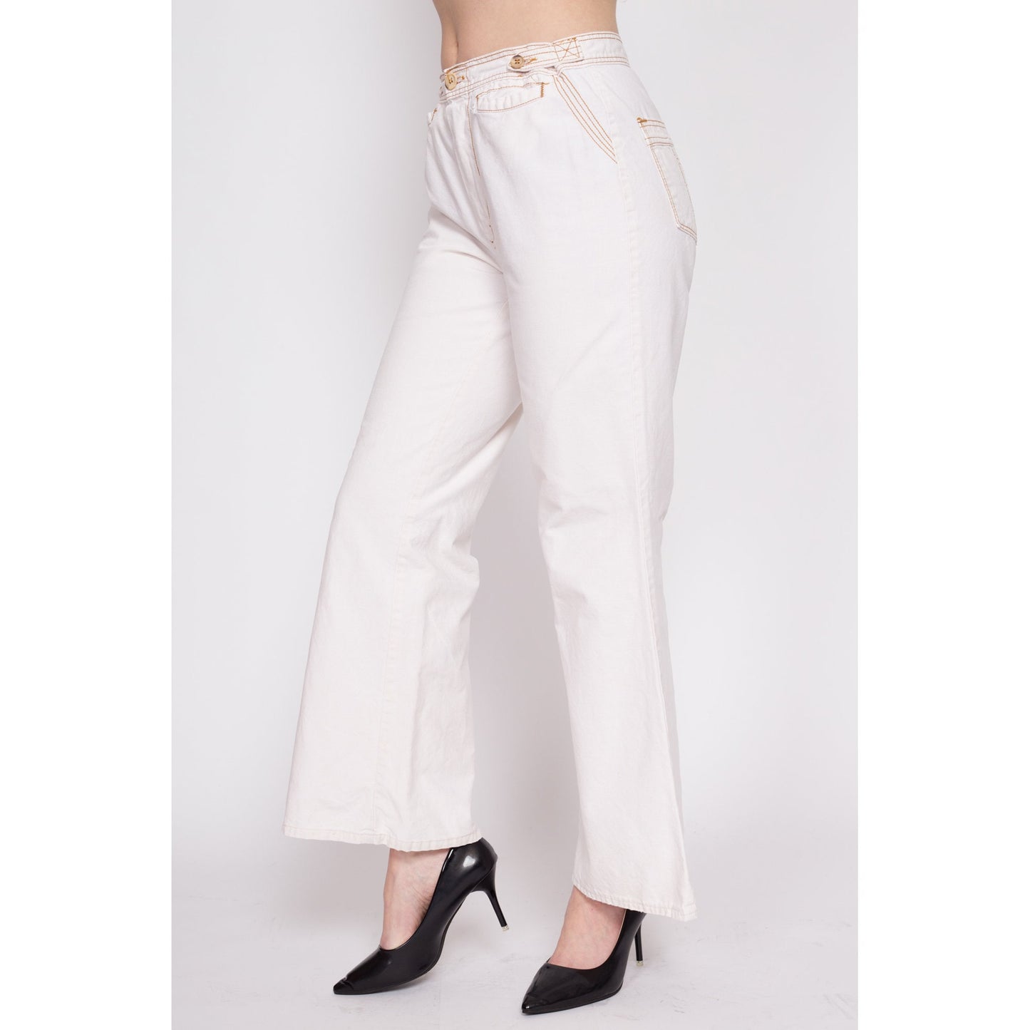 70s White Cotton Contrast Stitch Bell Bottoms - Men's Small, Women's Medium | Vintage Boho High Waisted Flared Pants