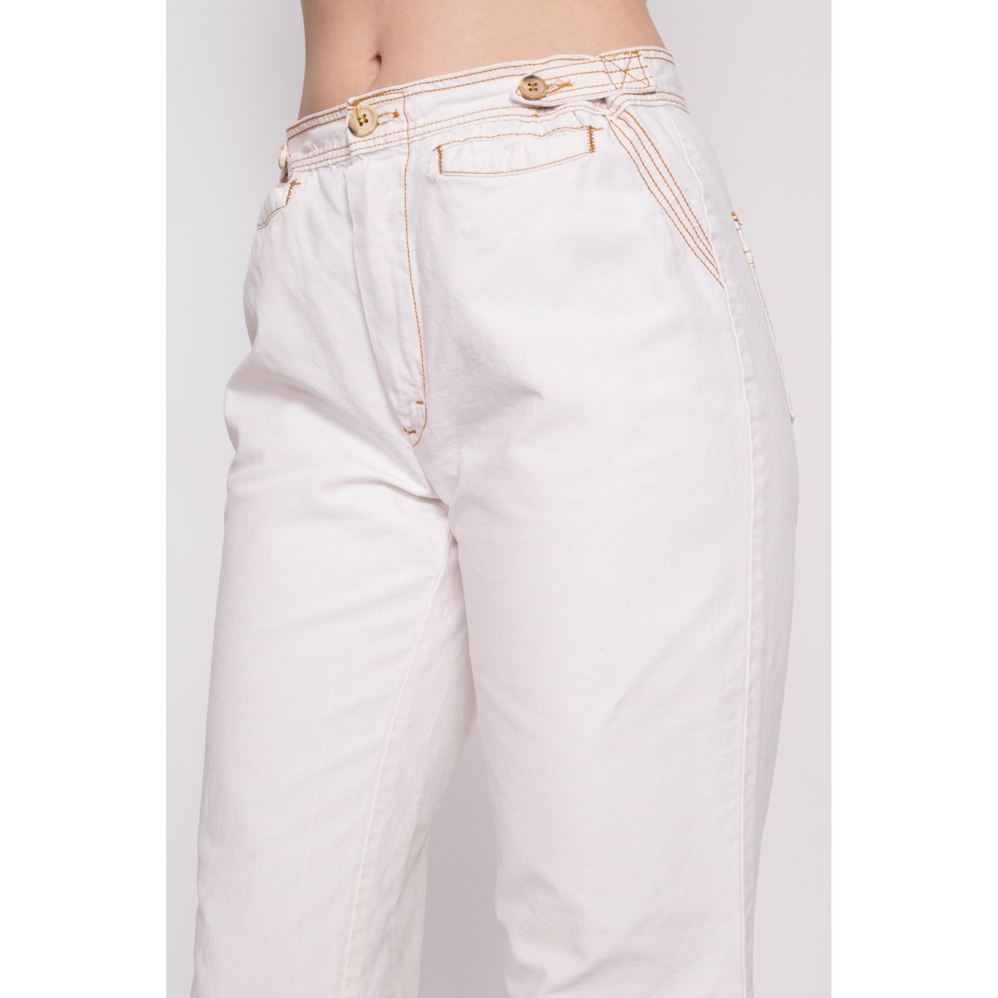70s White Cotton Contrast Stitch Bell Bottoms - Men's Small, Women's Medium | Vintage Boho High Waisted Flared Pants