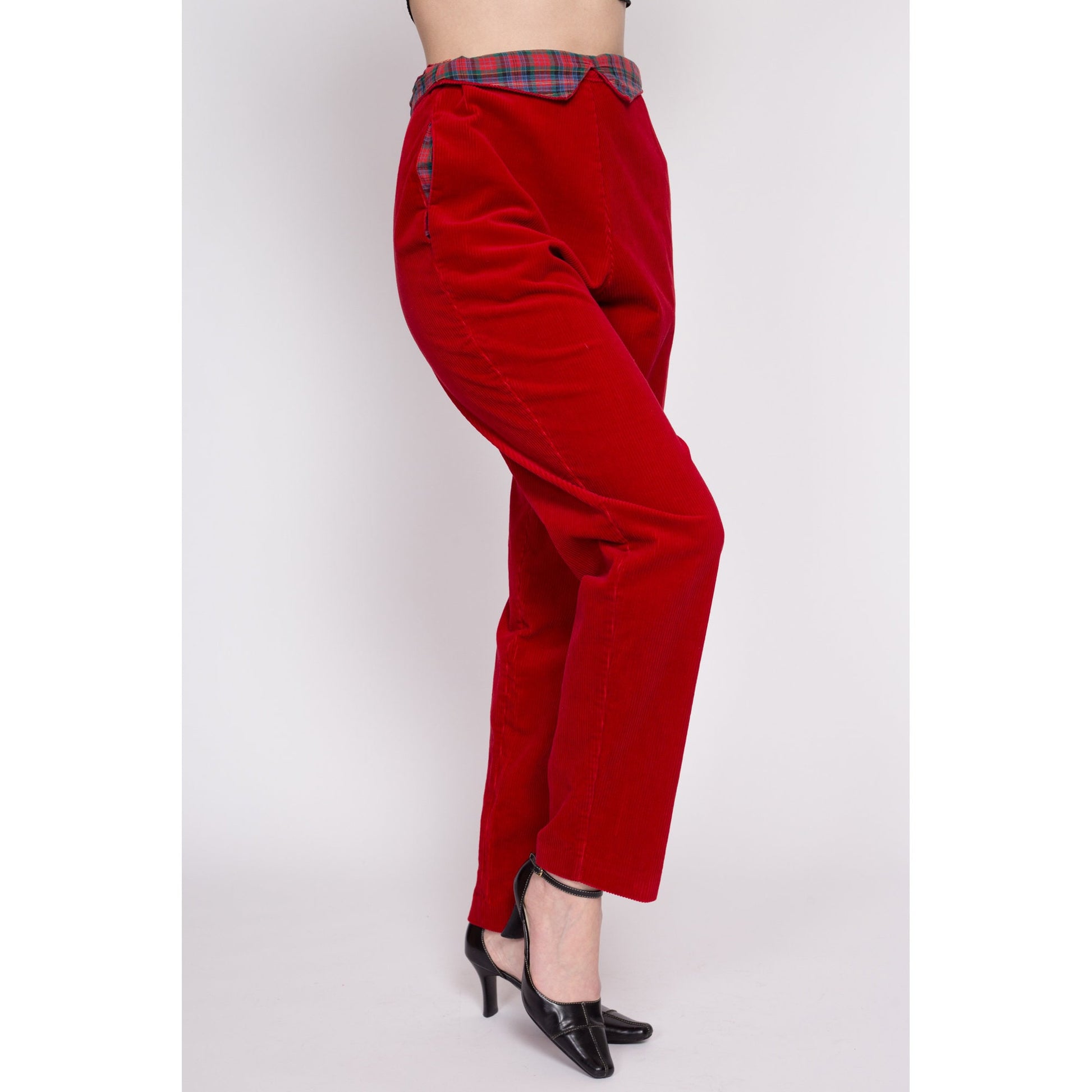 80s Red Corduroy Plaid Trim Pants - Medium | Vintage High Waisted Fold Over Paperbag Tapered Leg Retro Trousers