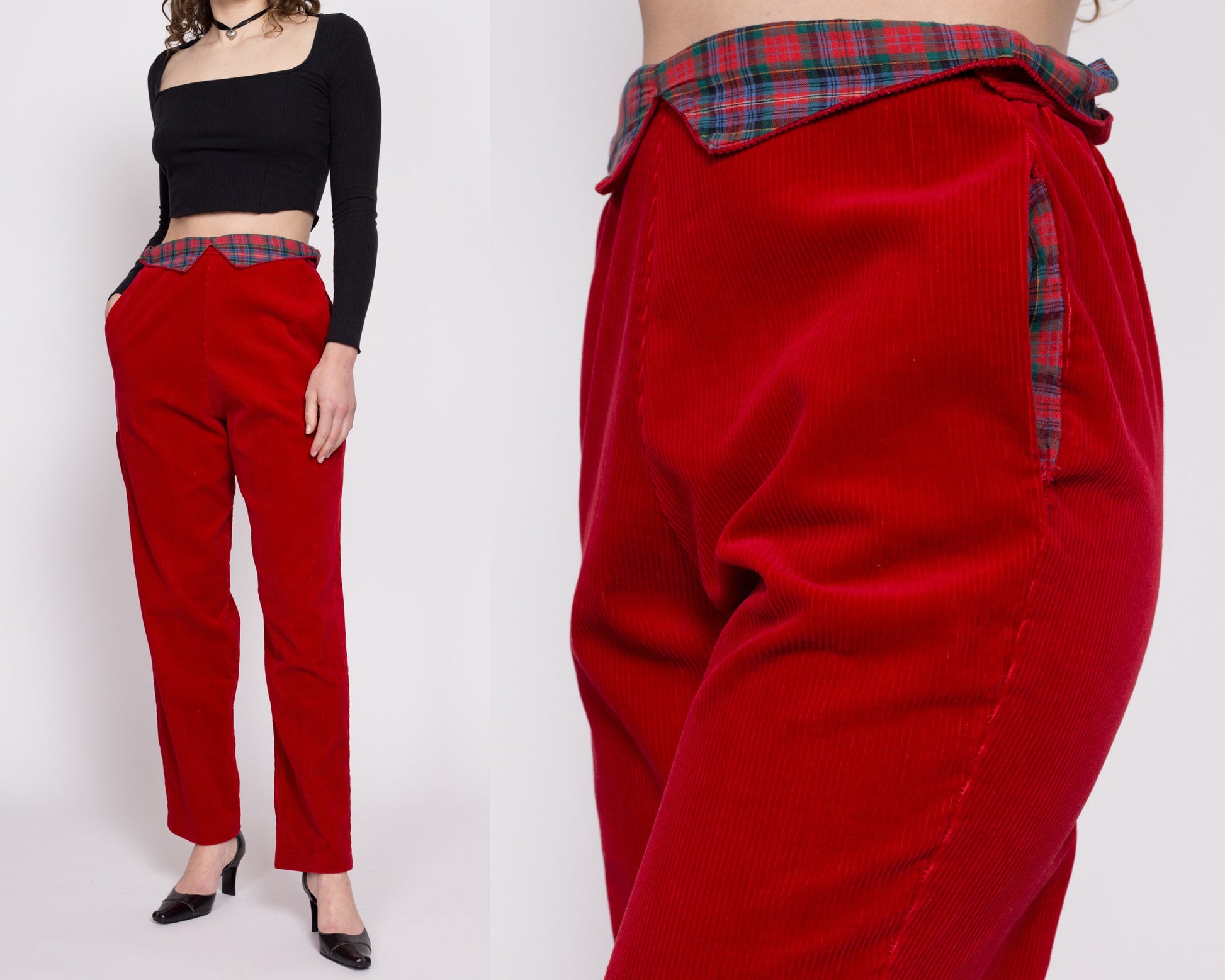80s Red Corduroy Plaid Trim Pants - Medium | Vintage High Waisted Fold Over Paperbag Tapered Leg Retro Trousers