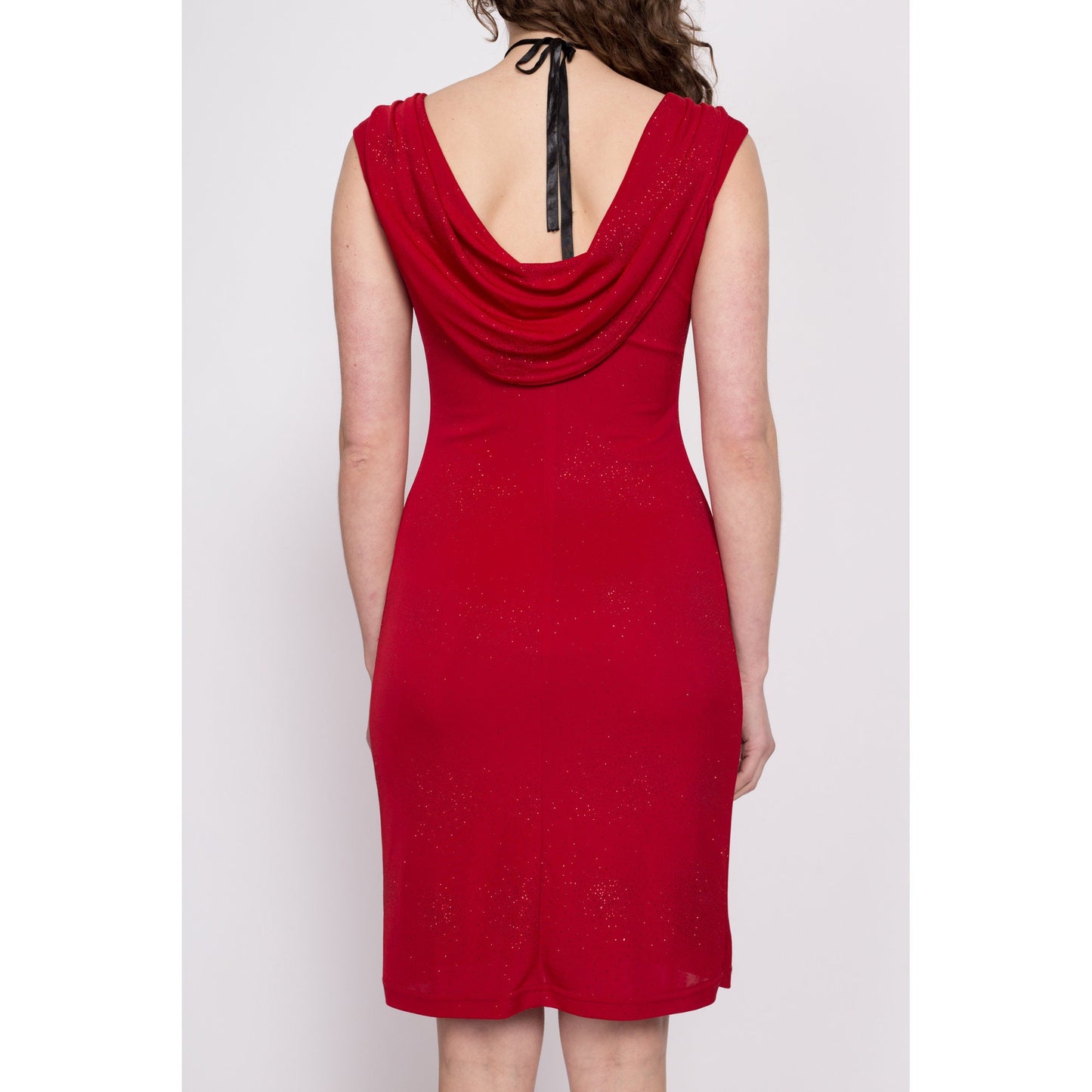 90s Red Cowl Low Back Party Dress - Small | Vintage Slinky Draped Back Sleeveless Sparkle Mini Dress