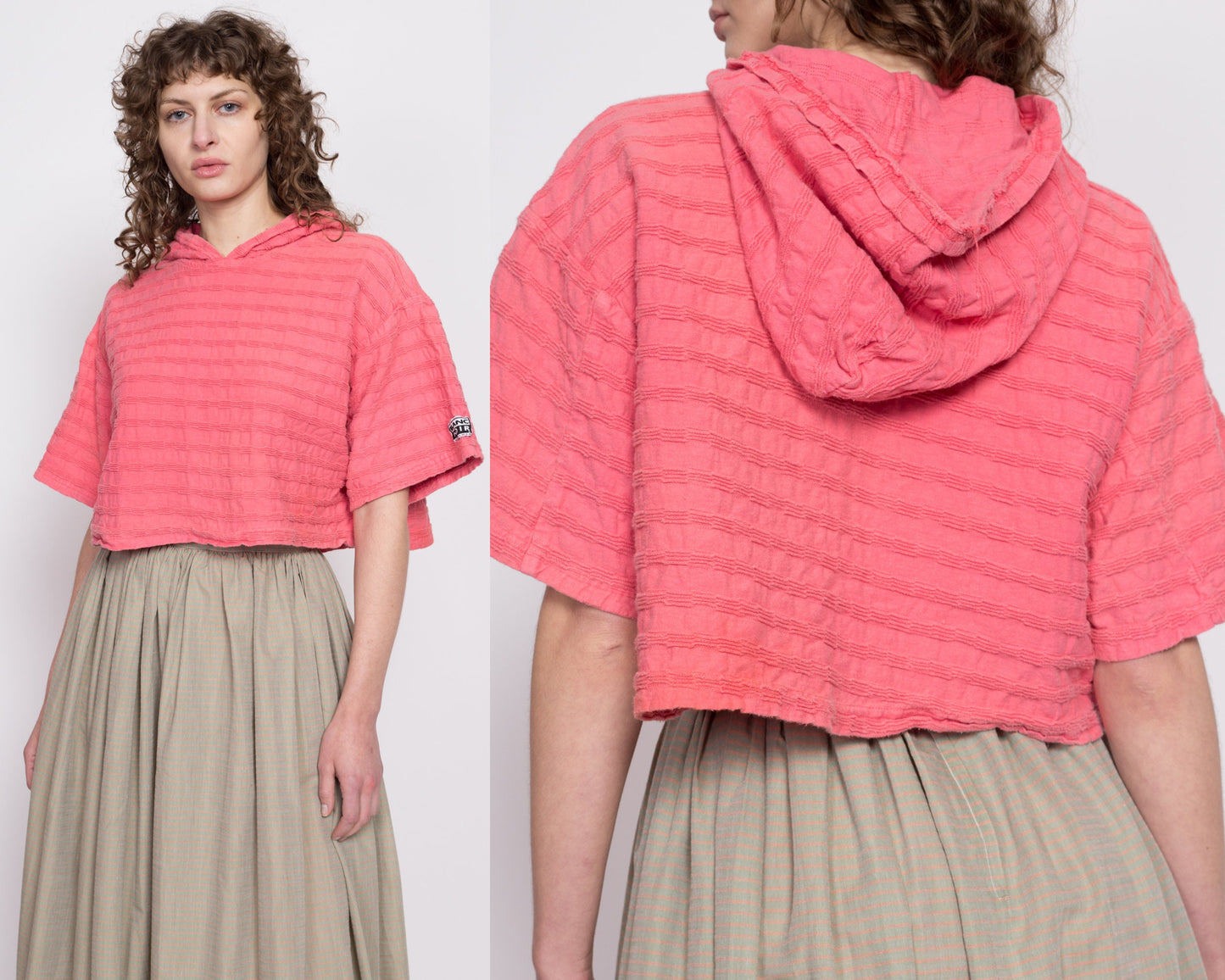 90s Blank Noir Coral Pink Textured Hooded Crop Top - Medium | Vintage Streetwear Oversized Hoodie T Shirt