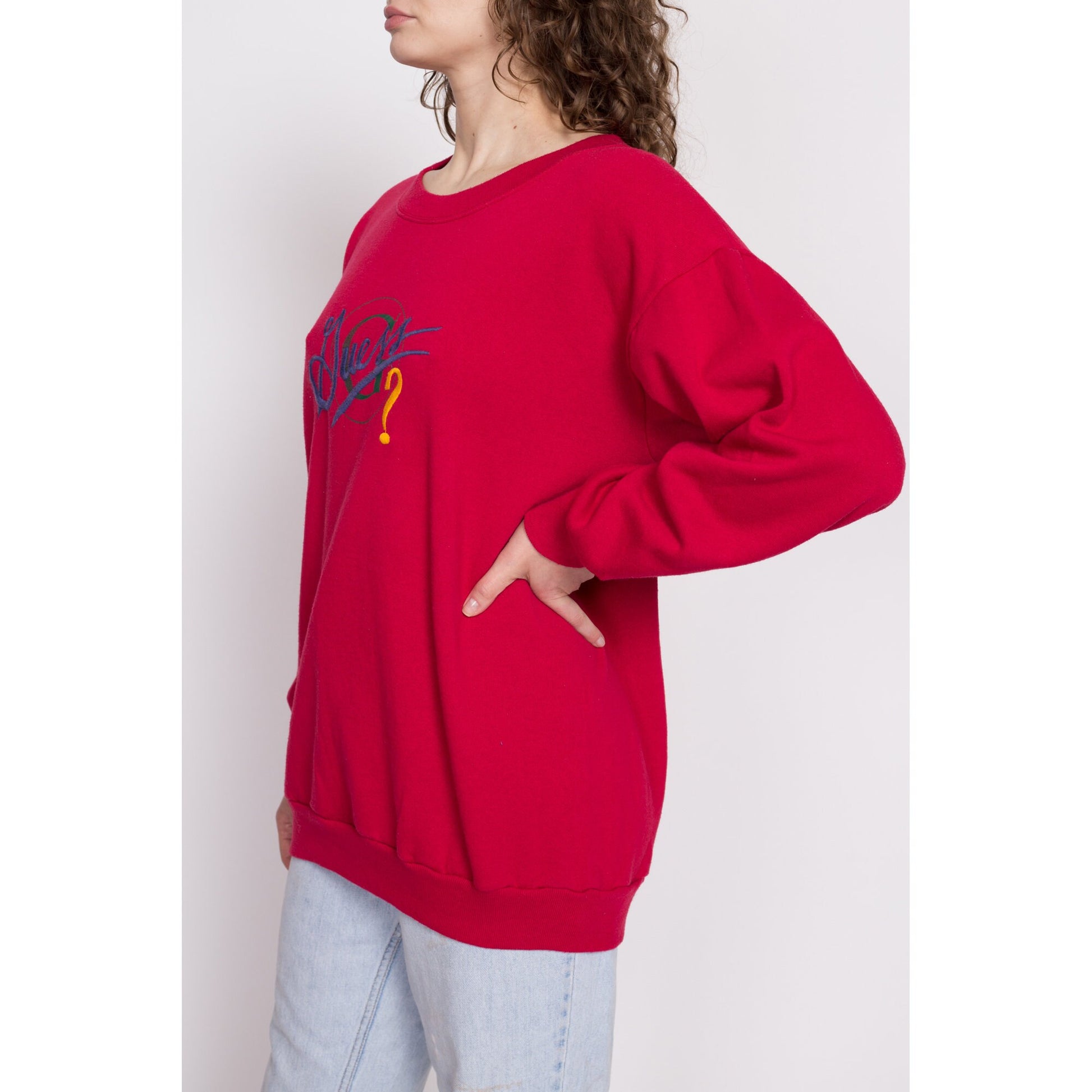 90s Guess ? Red Sweatshirt - One Size | Vintage Unisex Streetwear Graphic Crewneck Pullover