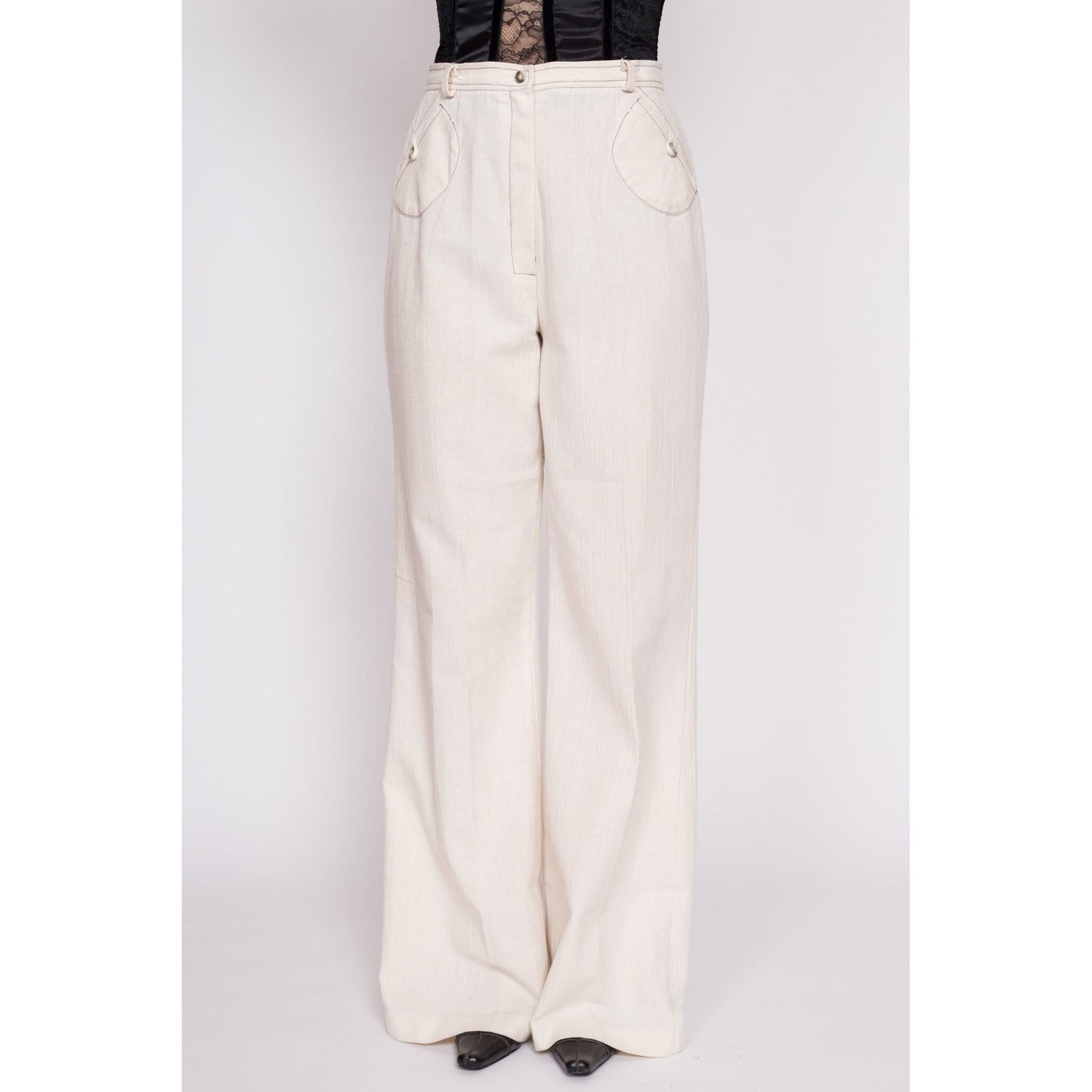 70s Cream High Waisted Contrast Stitch Pants - Medium Tall, 29" Waist | Vintage Woven Cotton Boho Wide Leg Flared Trousers