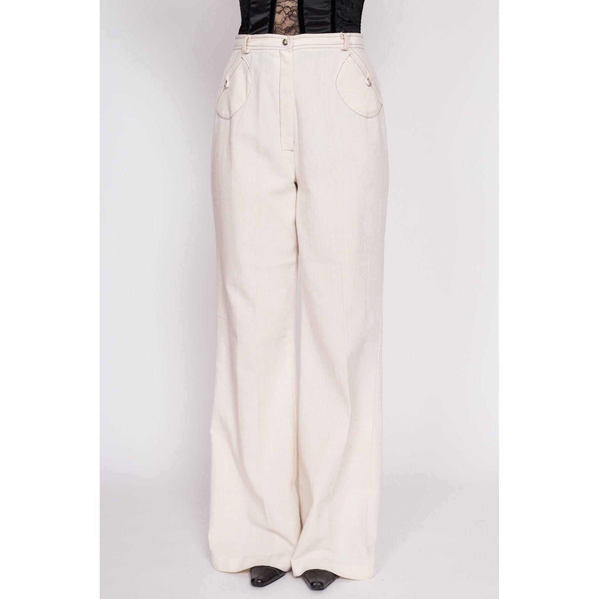 70s Cream High Waisted Contrast Stitch Pants - Medium Tall, 29" Waist | Vintage Woven Cotton Boho Wide Leg Flared Trousers