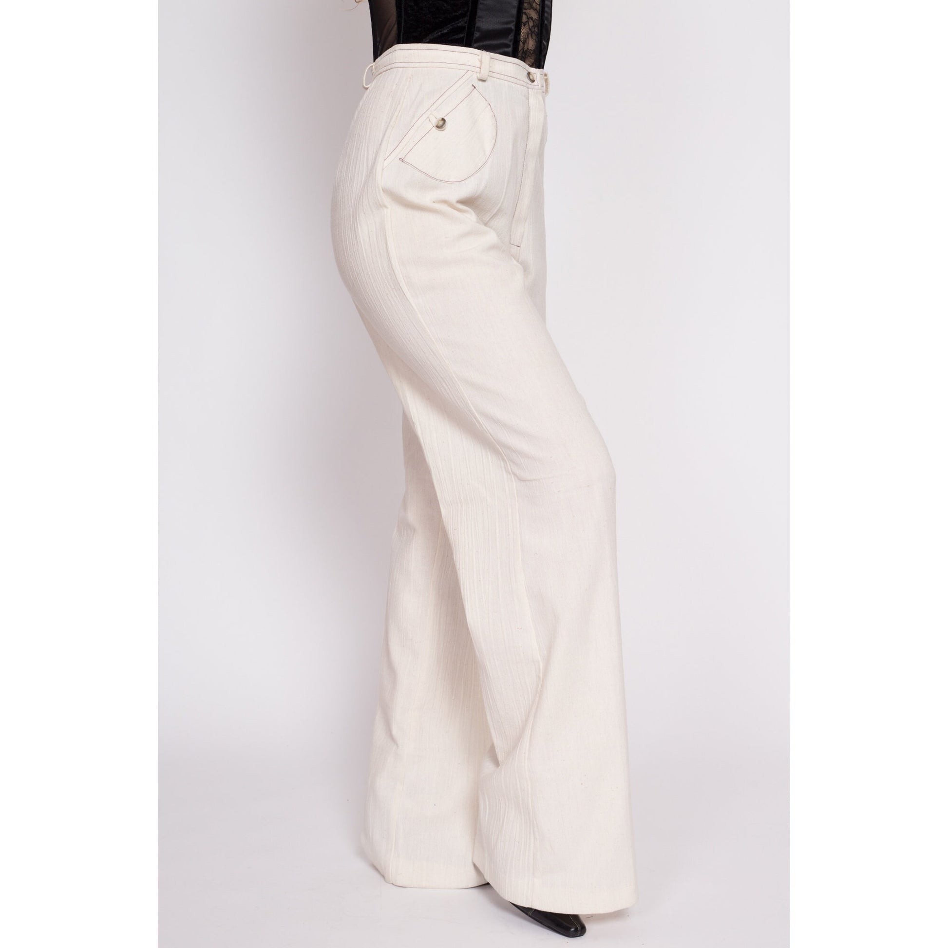 70s Cream High Waisted Contrast Stitch Pants - Medium Tall, 29" Waist | Vintage Woven Cotton Boho Wide Leg Flared Trousers