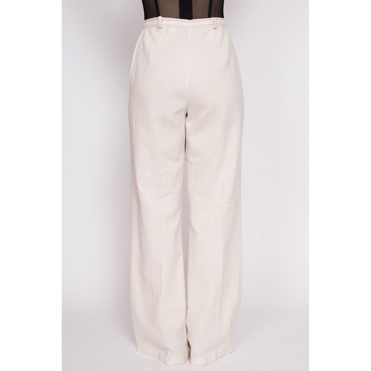 70s Cream High Waisted Contrast Stitch Pants - Medium Tall, 29" Waist | Vintage Woven Cotton Boho Wide Leg Flared Trousers