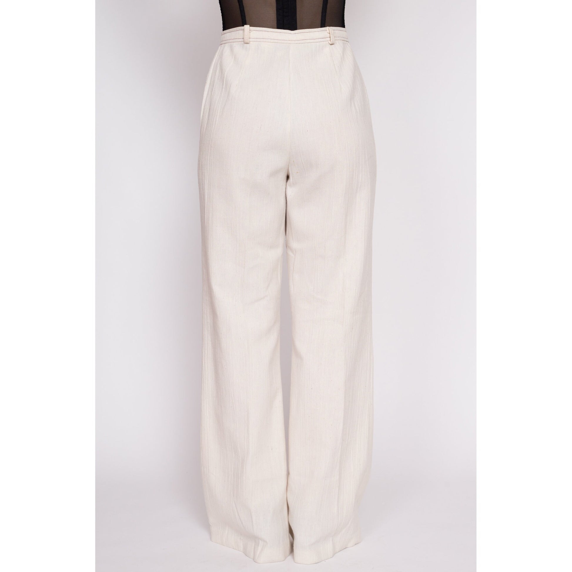 70s Cream High Waisted Contrast Stitch Pants - Medium Tall, 29" Waist | Vintage Woven Cotton Boho Wide Leg Flared Trousers