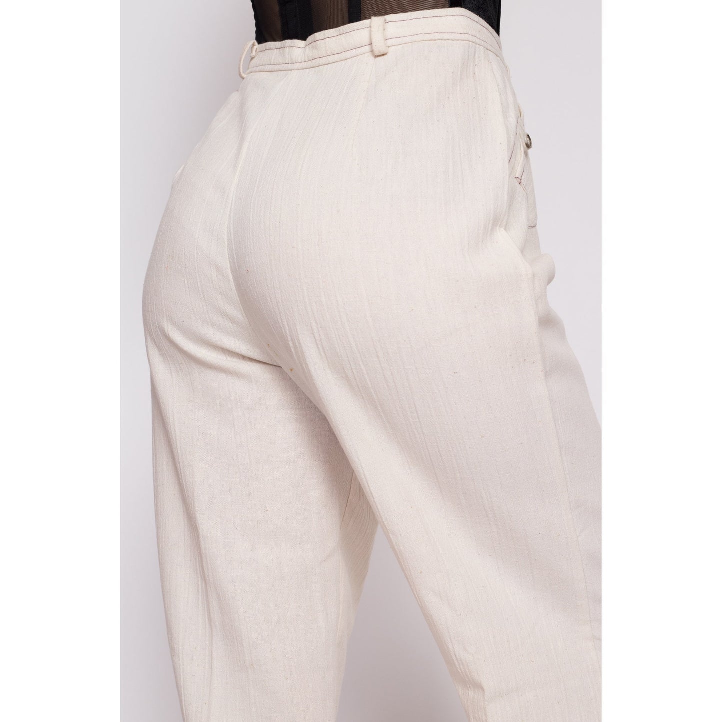 70s Cream High Waisted Contrast Stitch Pants - Medium Tall, 29" Waist | Vintage Woven Cotton Boho Wide Leg Flared Trousers
