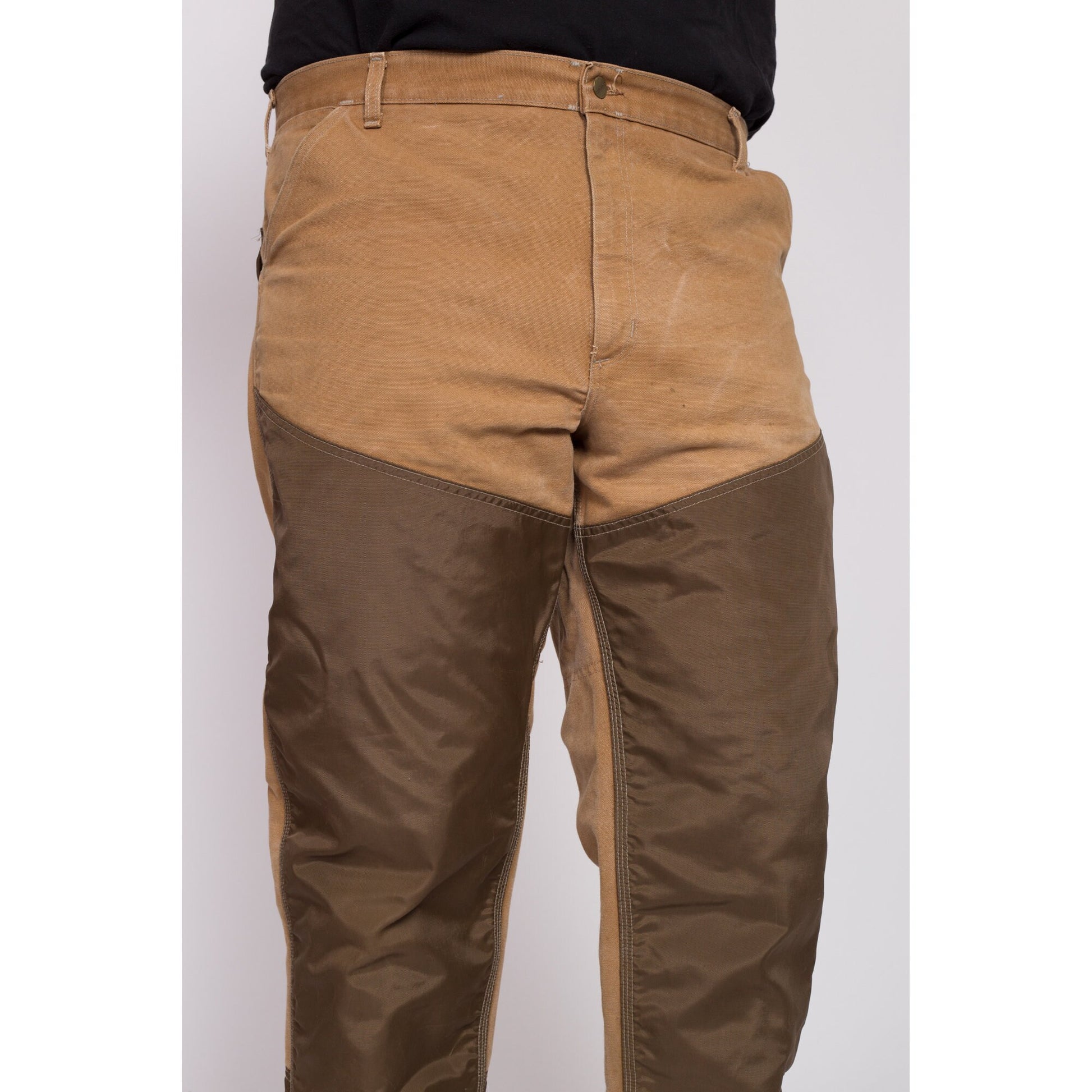 90s Carhartt Made In USA Canvas Upland Hunting Pants - 42x30 | Vintage Waterproof Panel Tan Brown Workwear Outdoors Pants