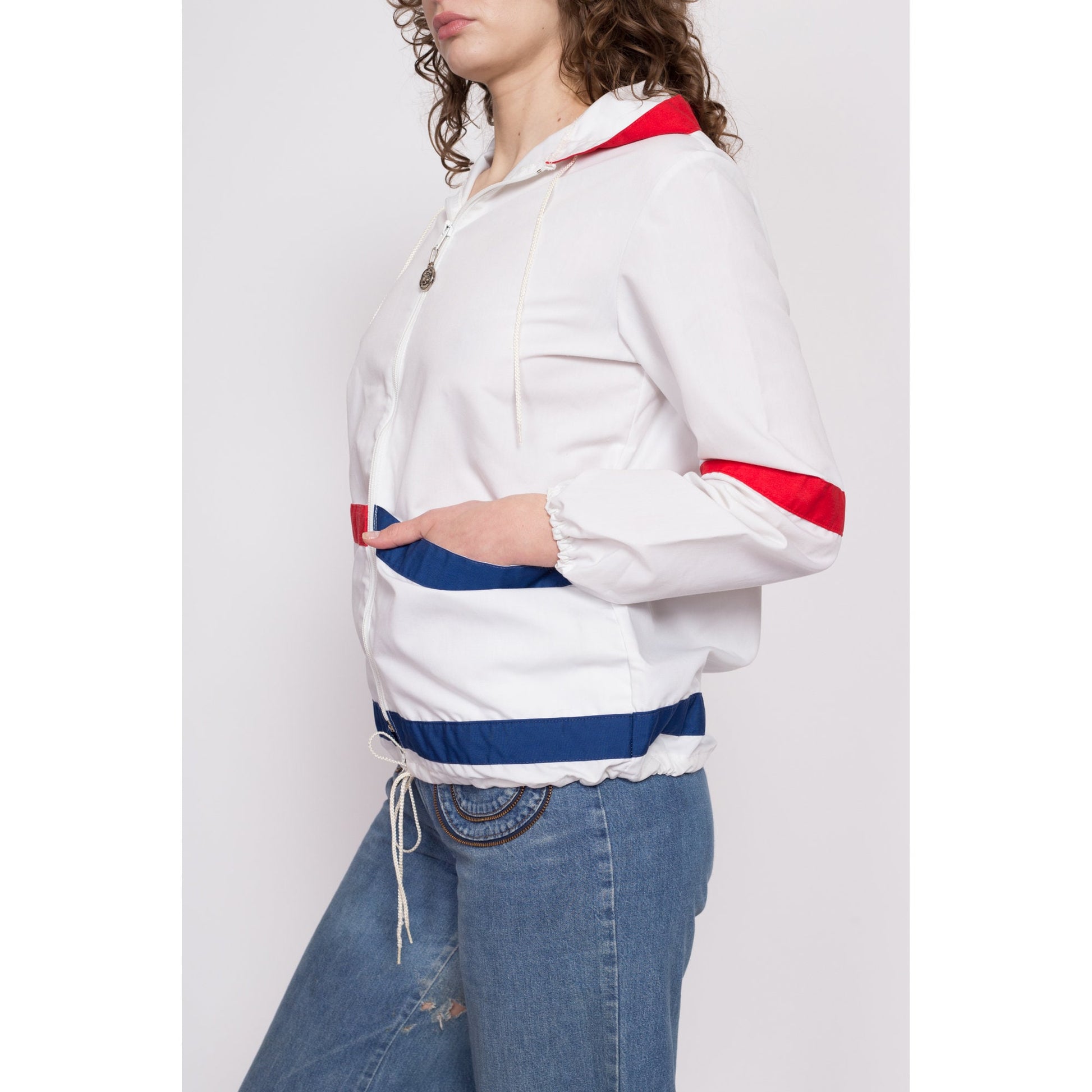 70s Mod Red White & Blue Striped Windbreaker - Petite Medium | Weather Tamer Lightweight Hooded Color Block Jacket